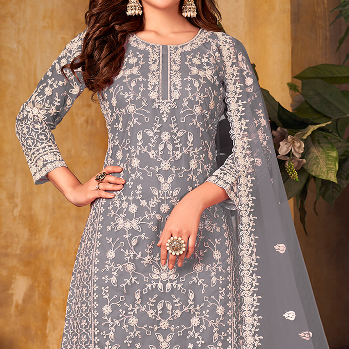 Grey Floral Embroidered Net Semi Stitched Suit