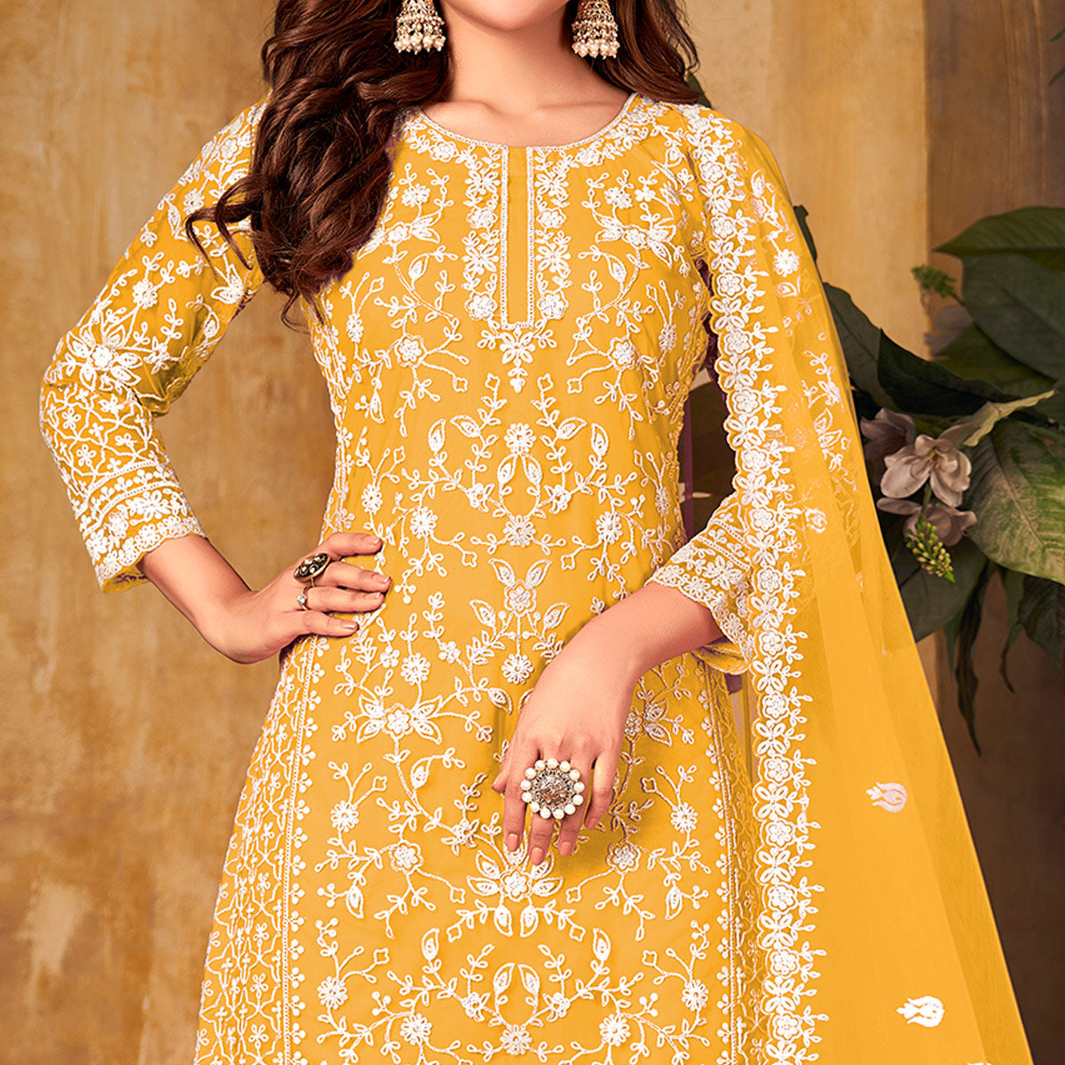 Yellow Floral Embroidered Net Semi Stitched Suit