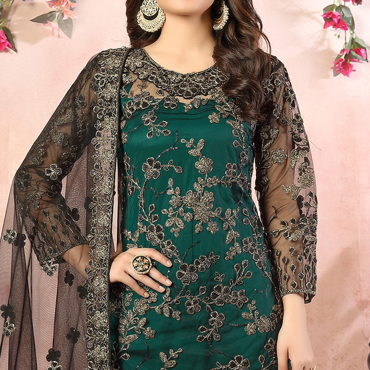 Green Floral Embroidered Net Semi Stitched Suit