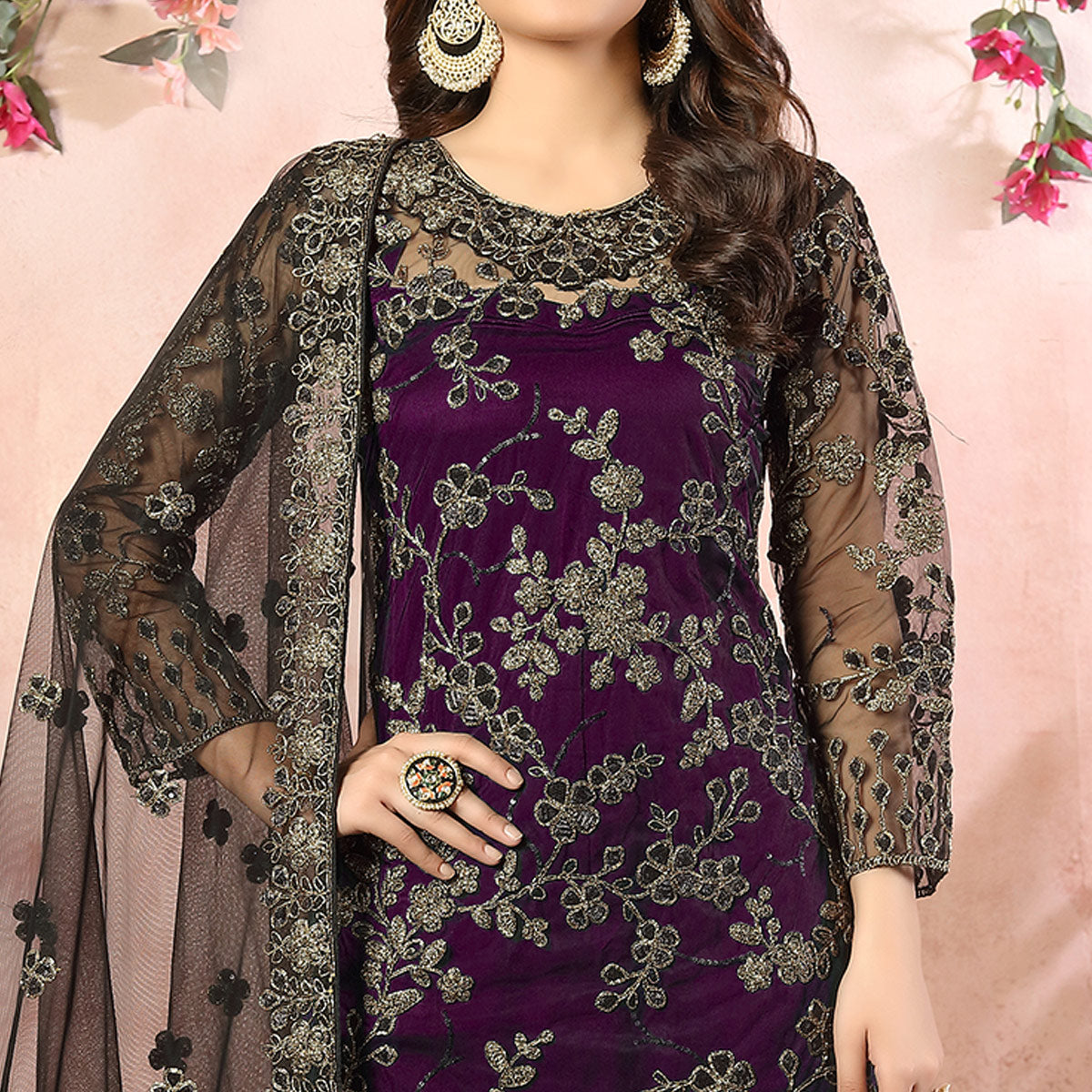 Purple Floral Embroidered Net Semi Stitched Suit