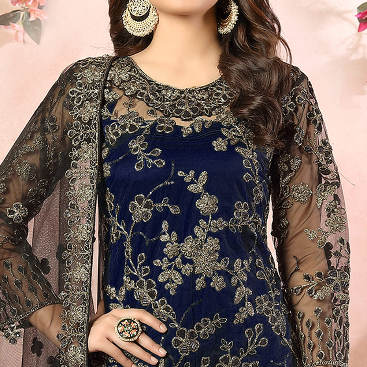 Blue Floral Embroidered Net Semi Stitched Suit