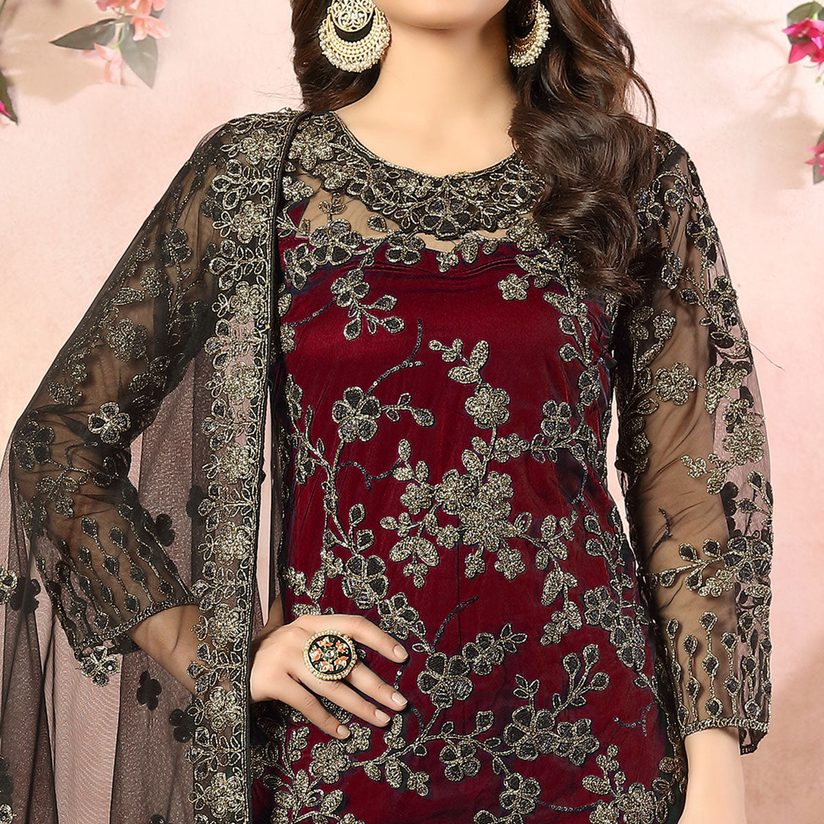 Maroon Floral Embroidered Net Semi Stitched Suit