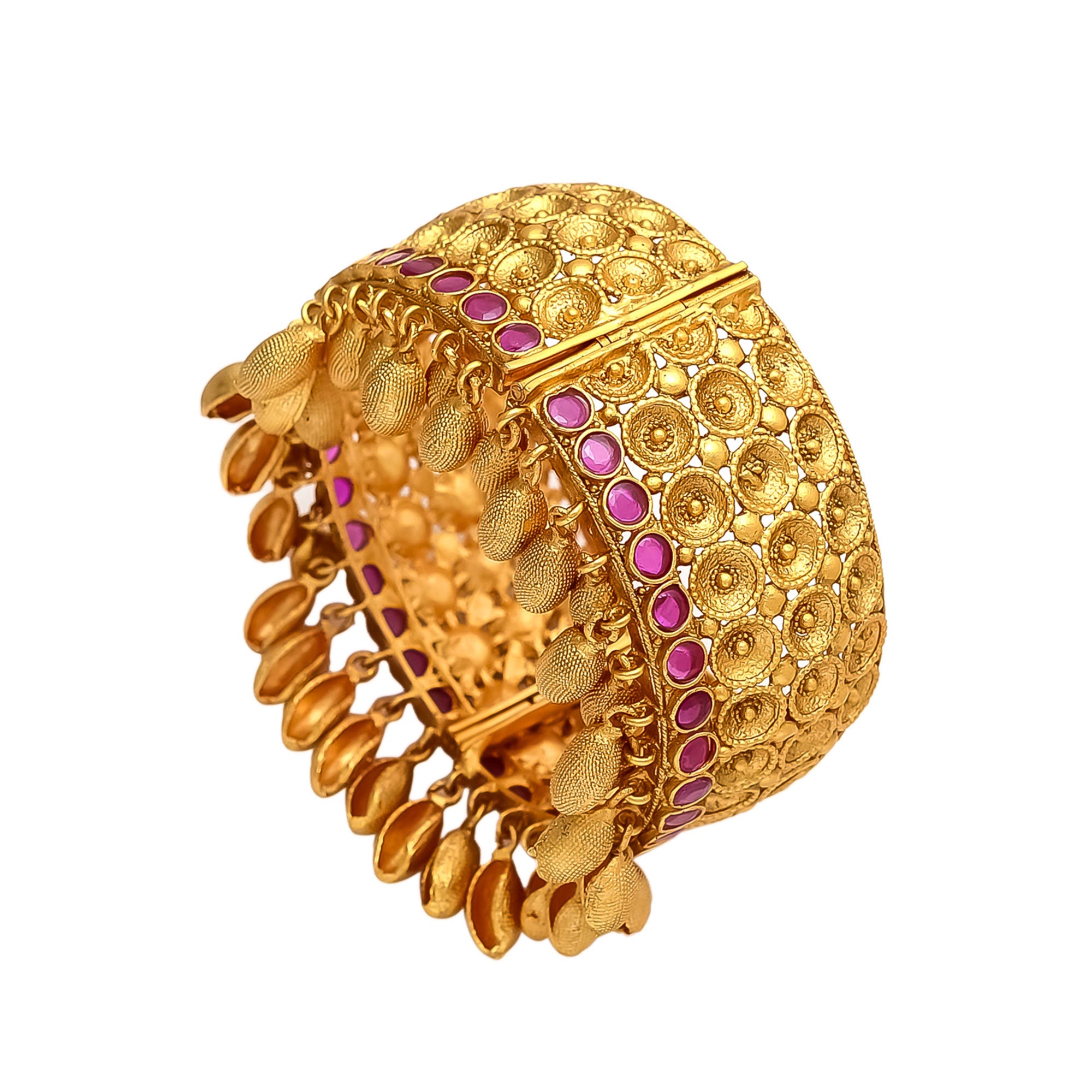 Golden Look Pink Stone Kada Openable Bangle With Hangings