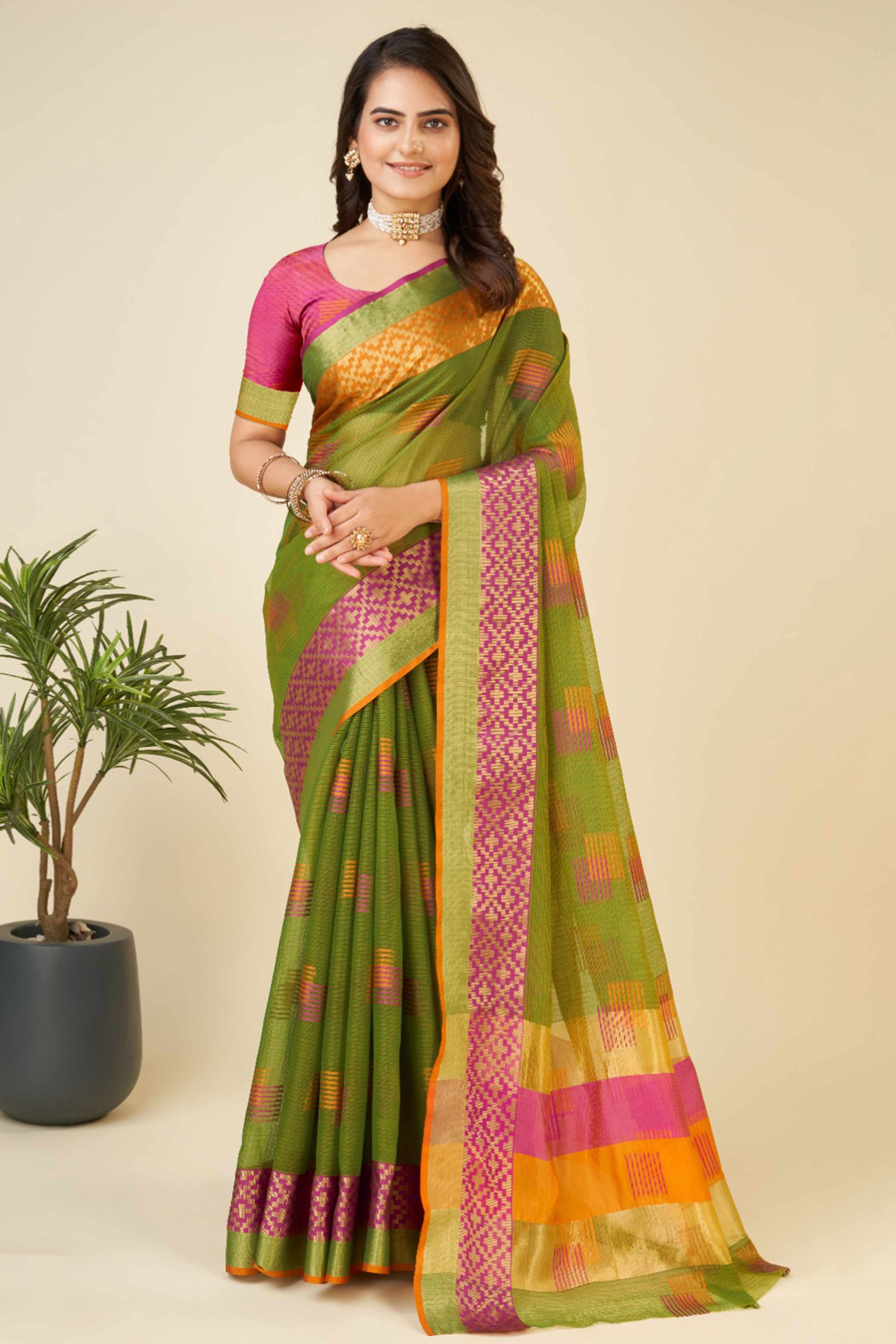 Green Zari Weaving Cotton Blend Saree