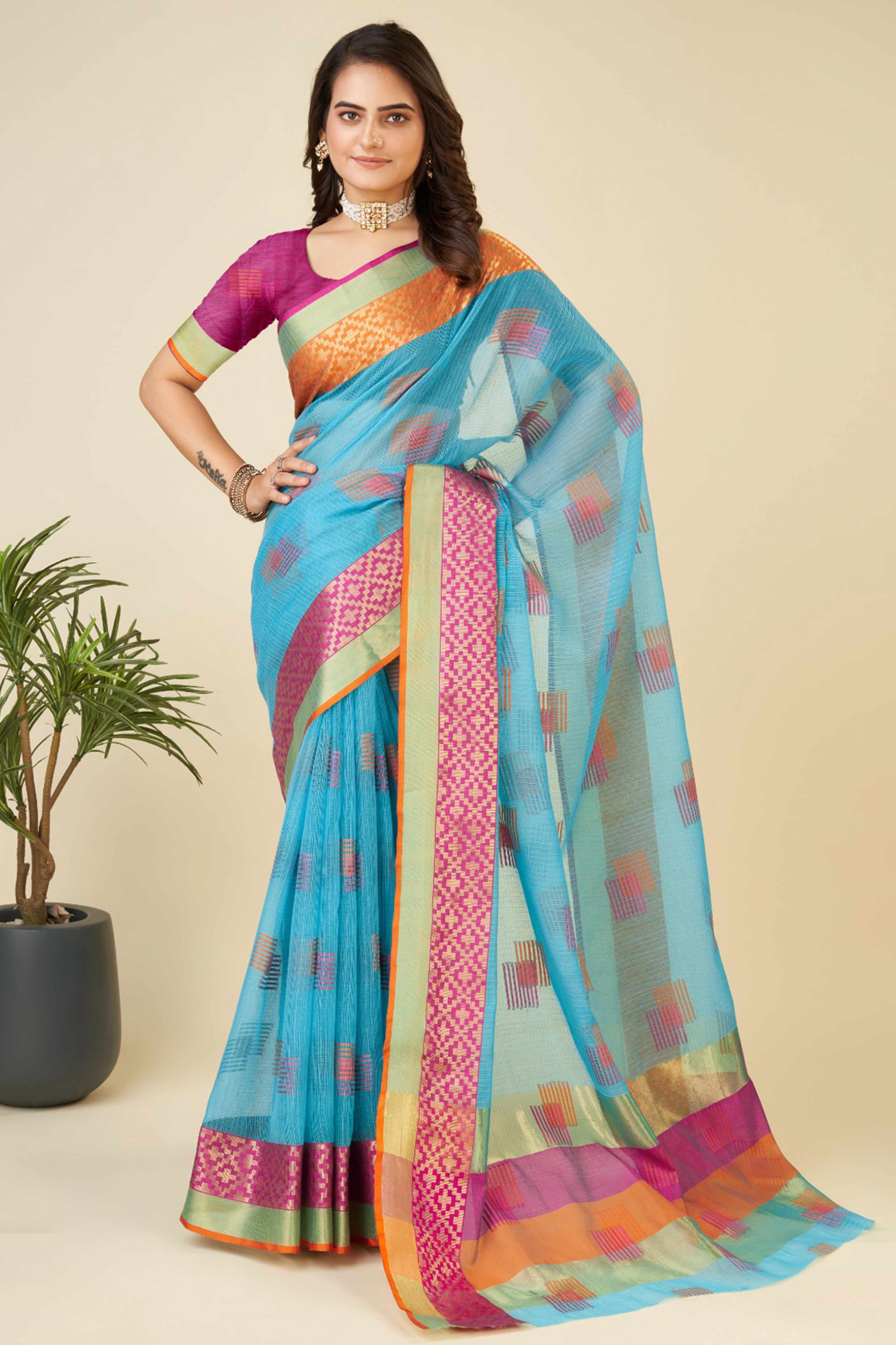 Sky Blue Zari Weaving Cotton Blend Saree