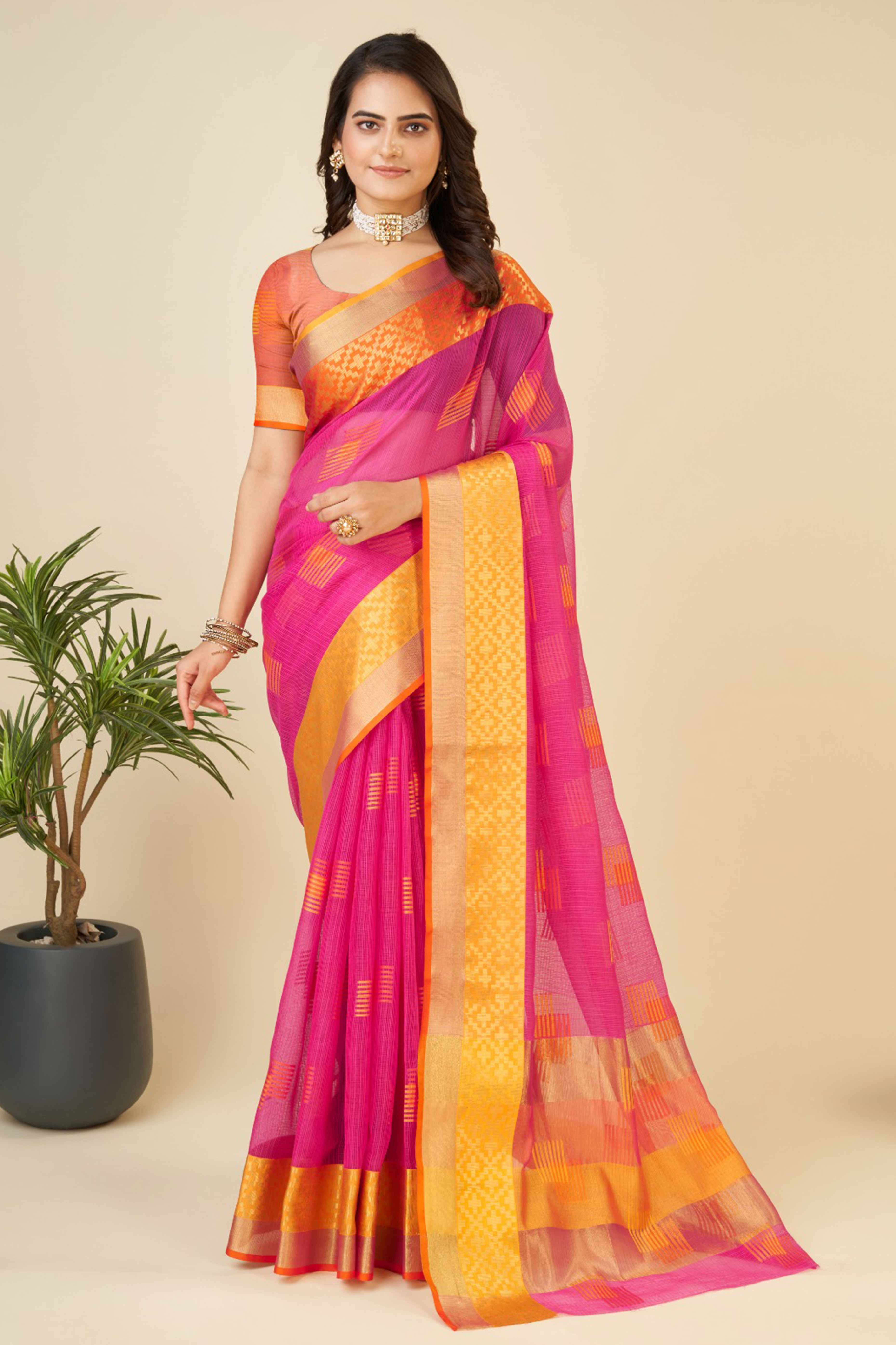 Pink Zari Weaving Cotton Blend Saree