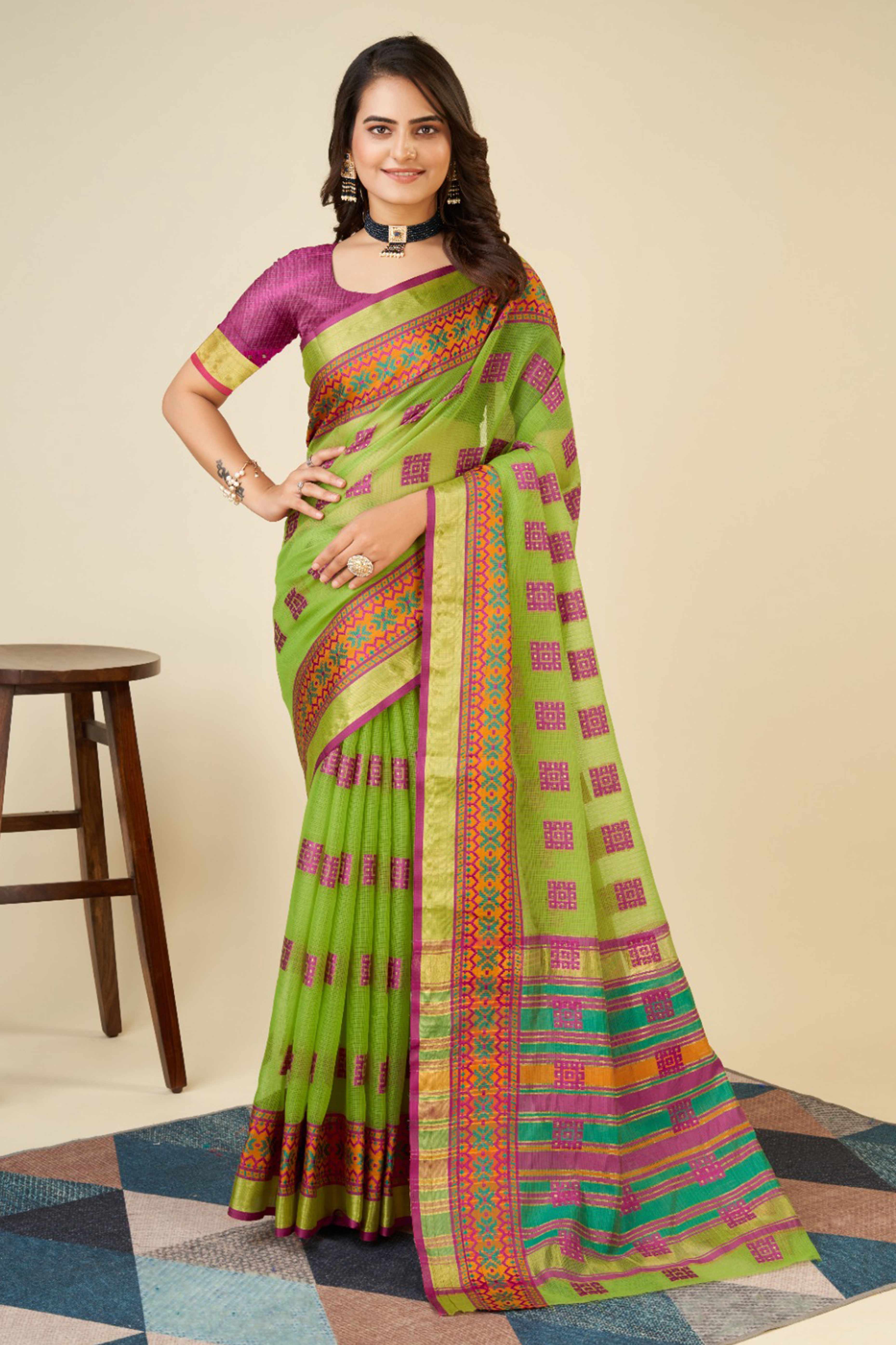 Green Zari Weaving Cotton Blend Saree