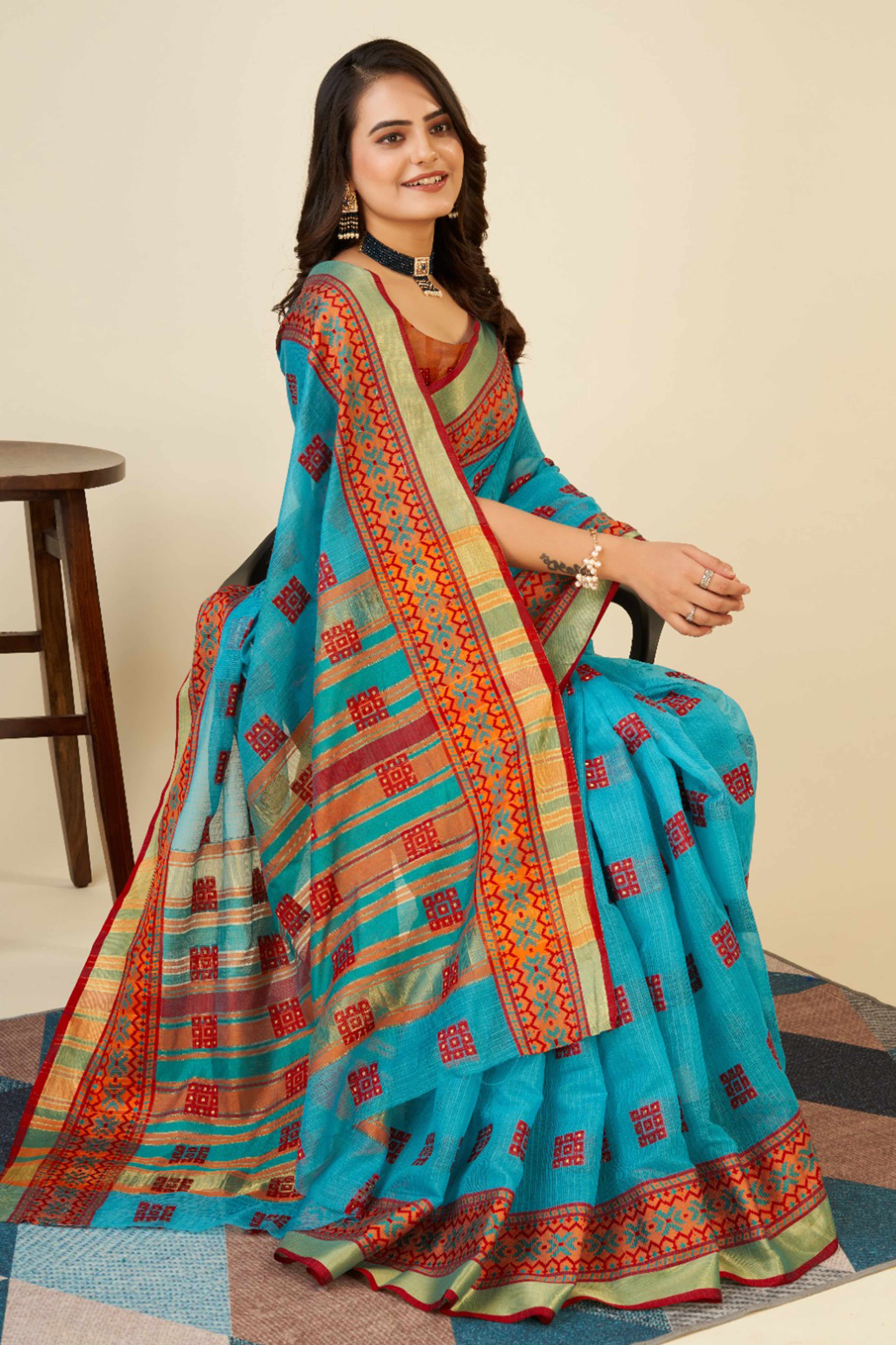 Sky Blue Zari Weaving Cotton Blend Saree