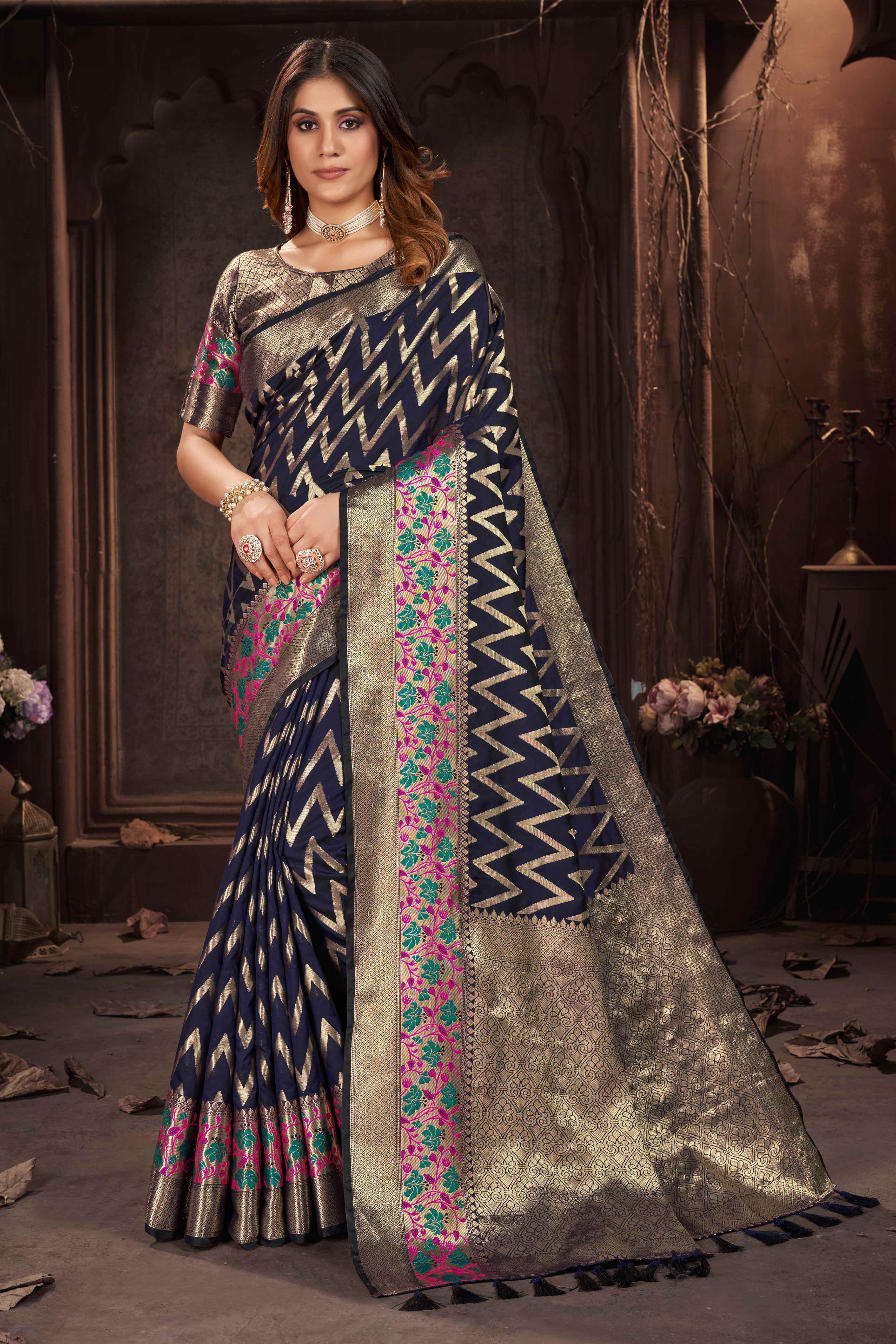 Navy Blue Zari Weaving Banarasi Silk Saree