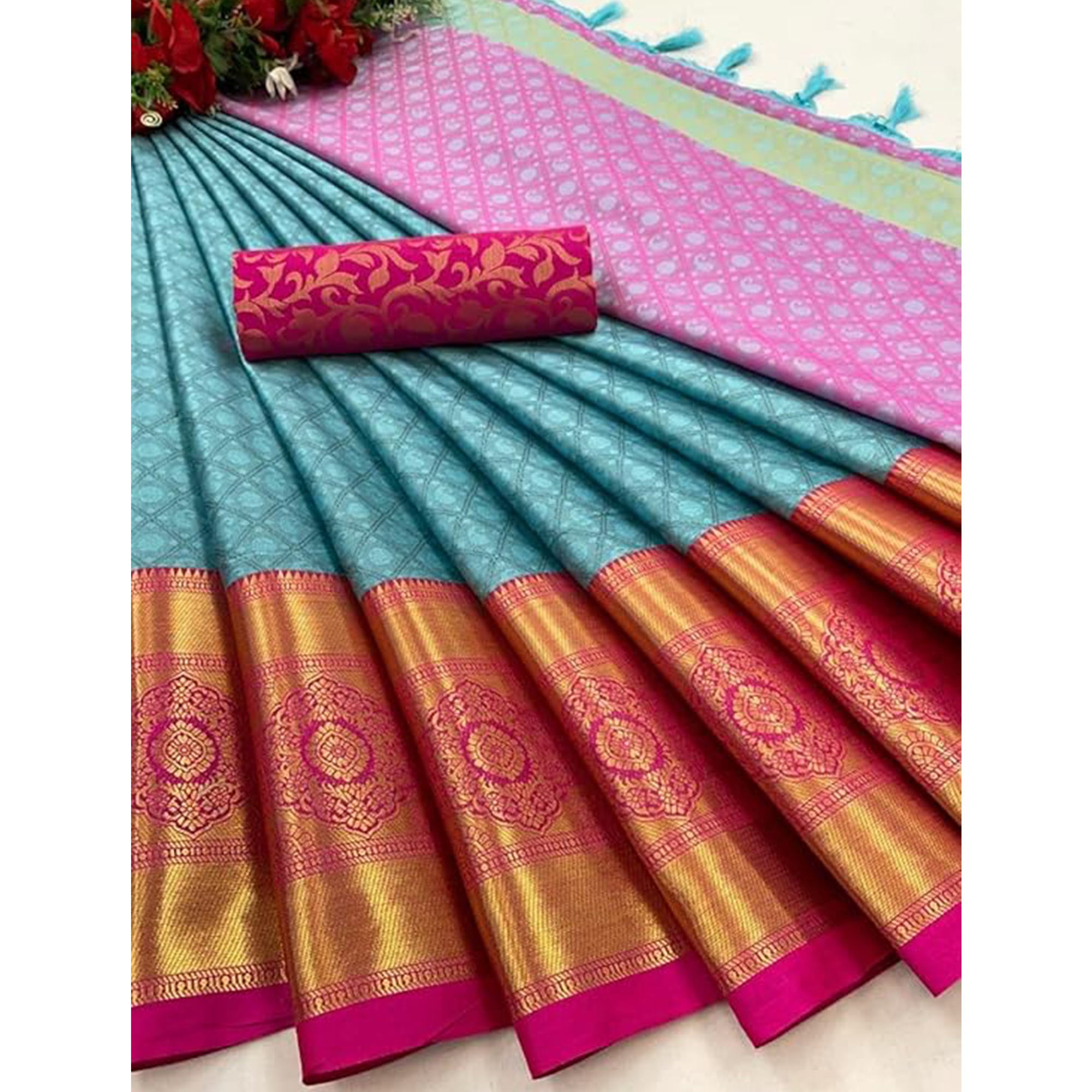 Sky Blue Silk Blend Saree With Exquisite Zari Weaving & Graceful Tassels