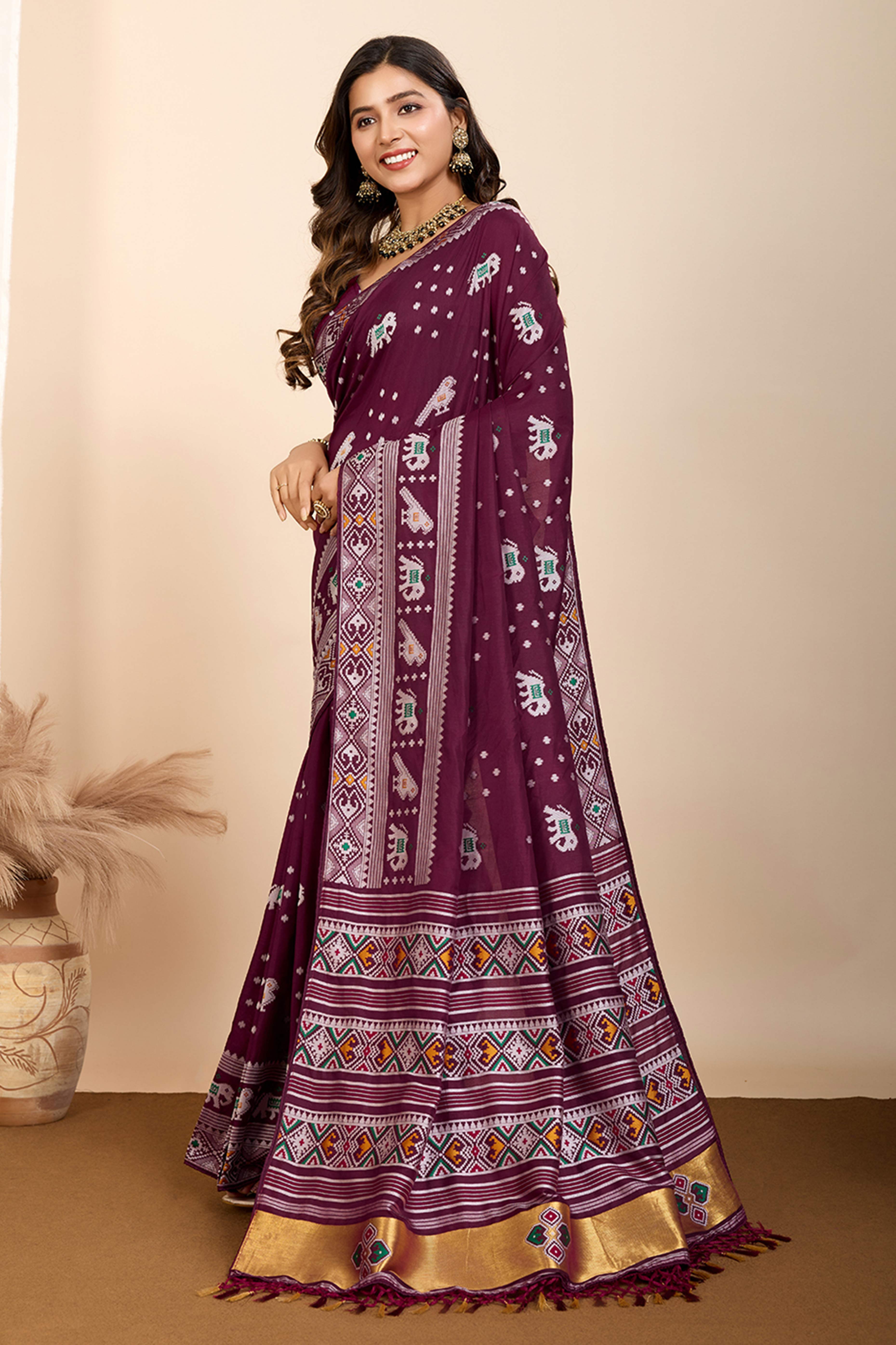 Wine Minakari Weaving Pure Silk Saree