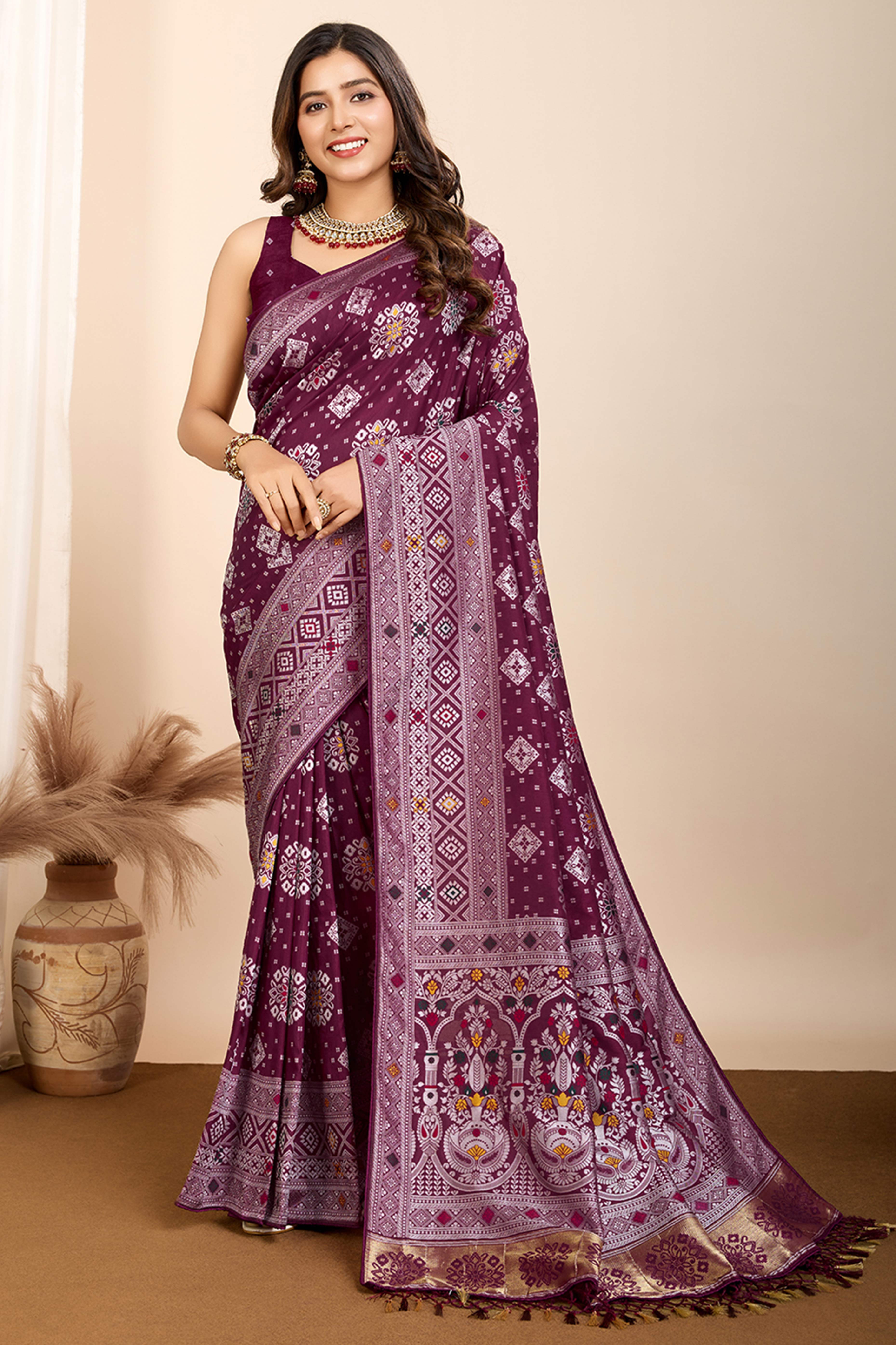 Wine Minakari Weaving Pure Silk Saree