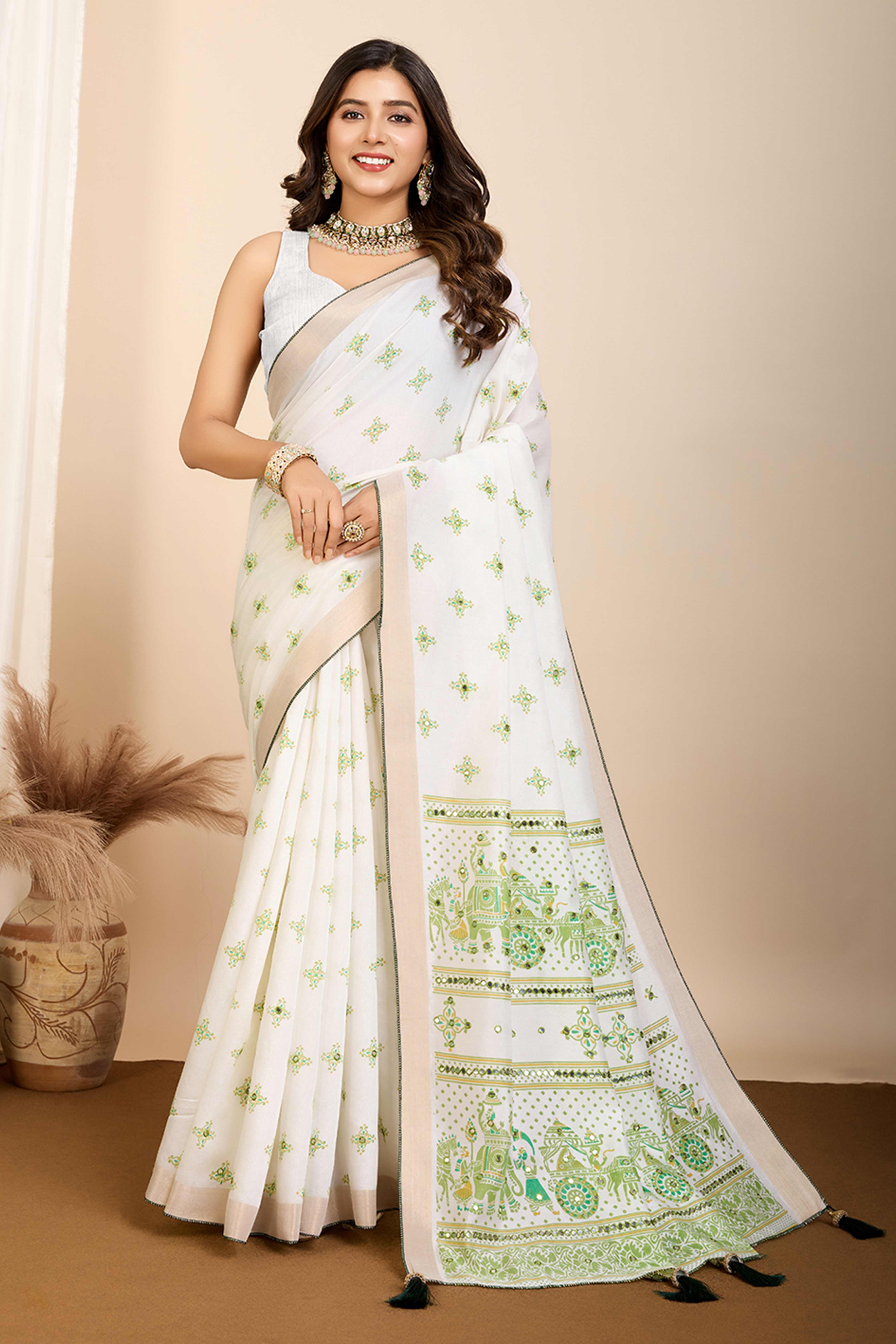 Off White Mirror Work Printed Cotton Silk Saree