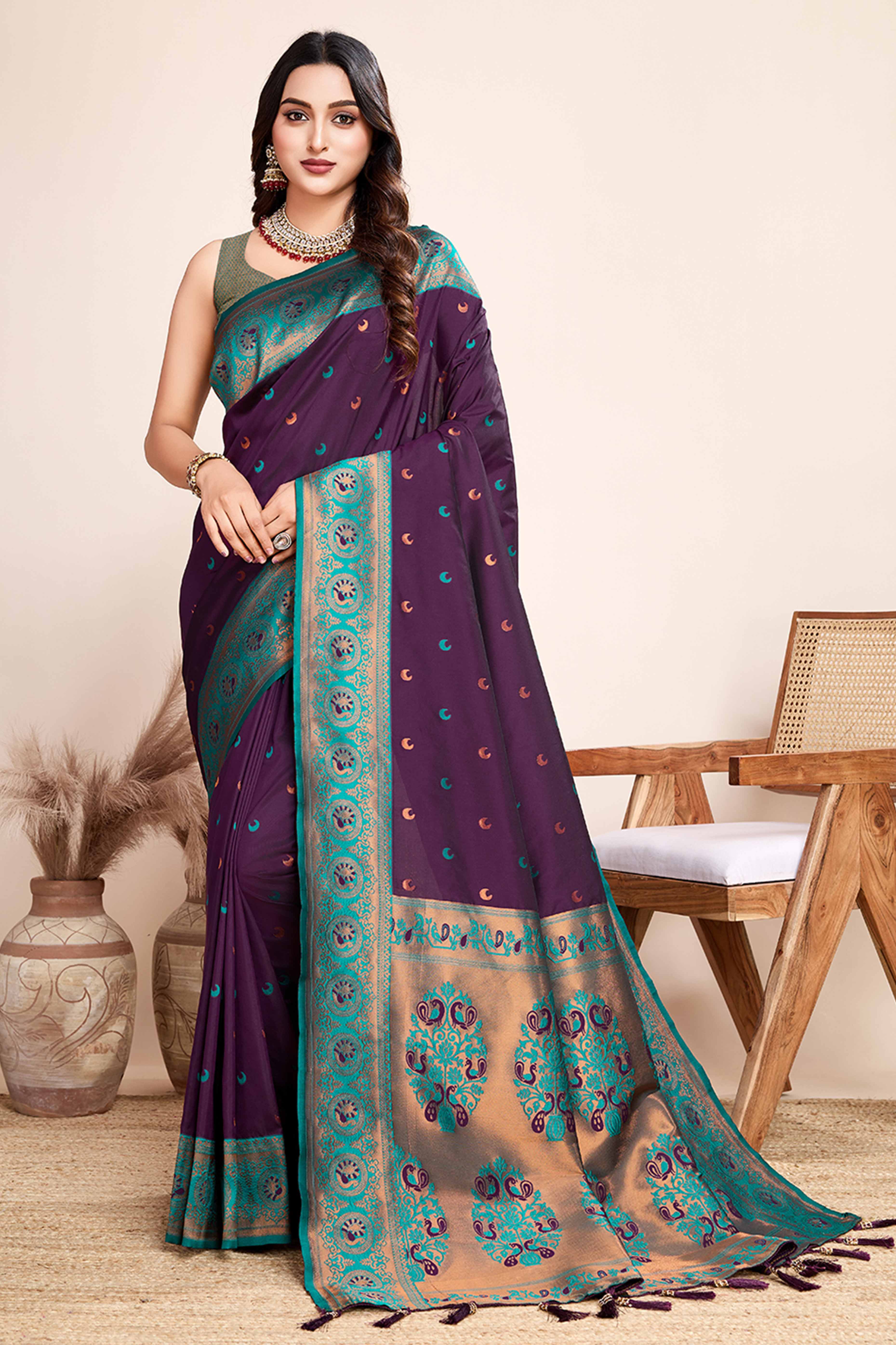 Wine Zari Weaving Banarasi Silk Saree