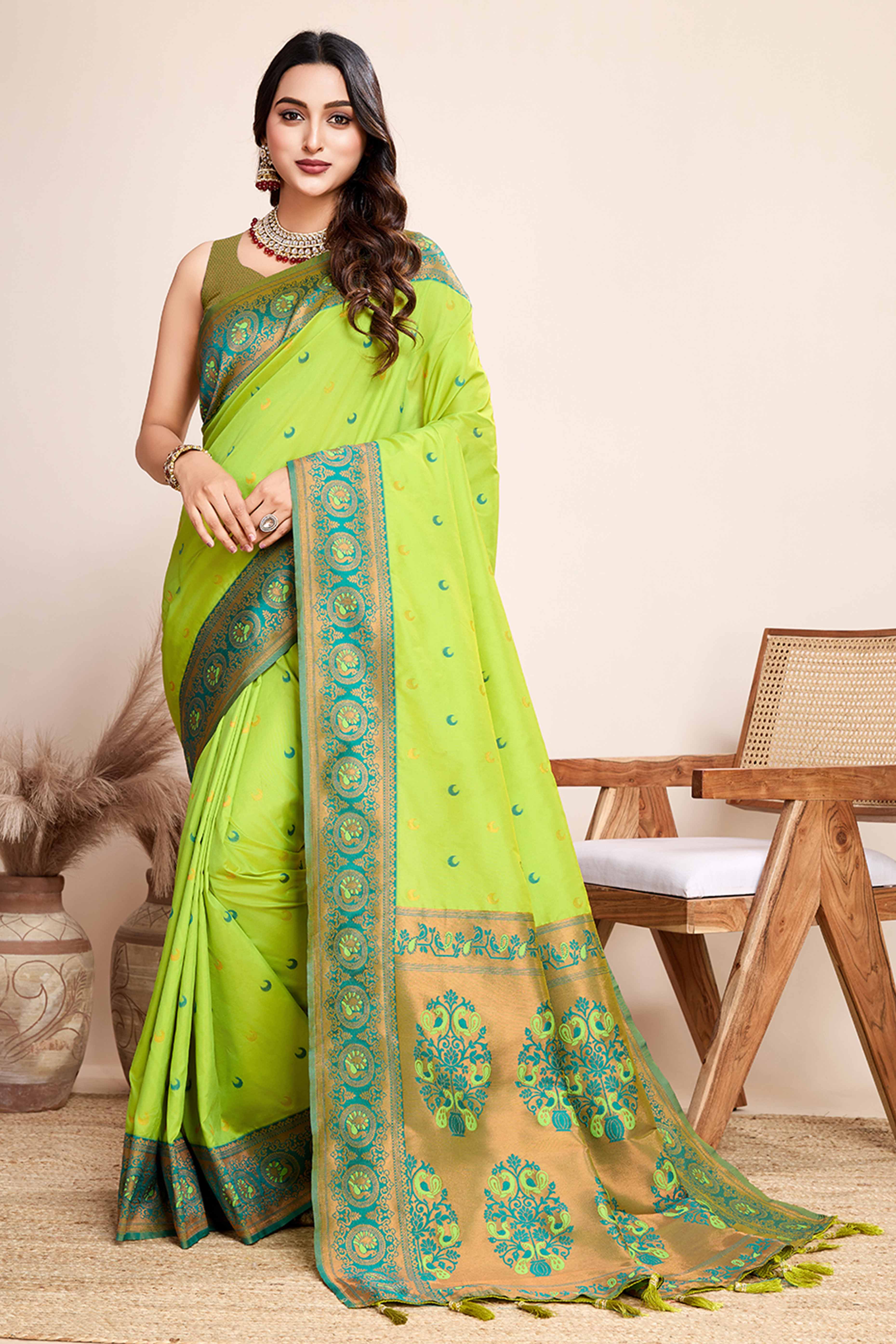 Parrot Green Zari Weaving Banarasi Silk Saree