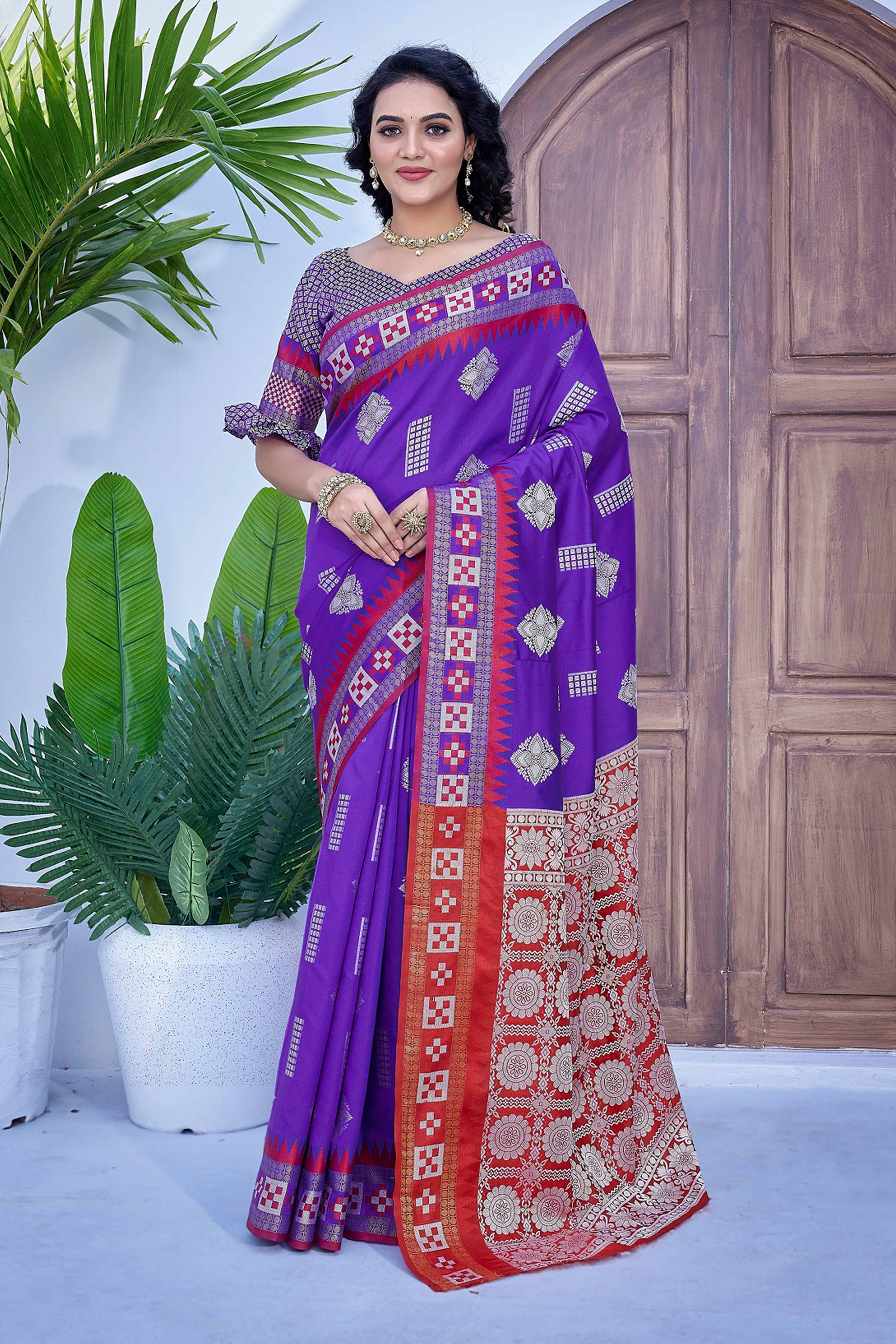 Purple Zari Weaving Cotton Silk Saree