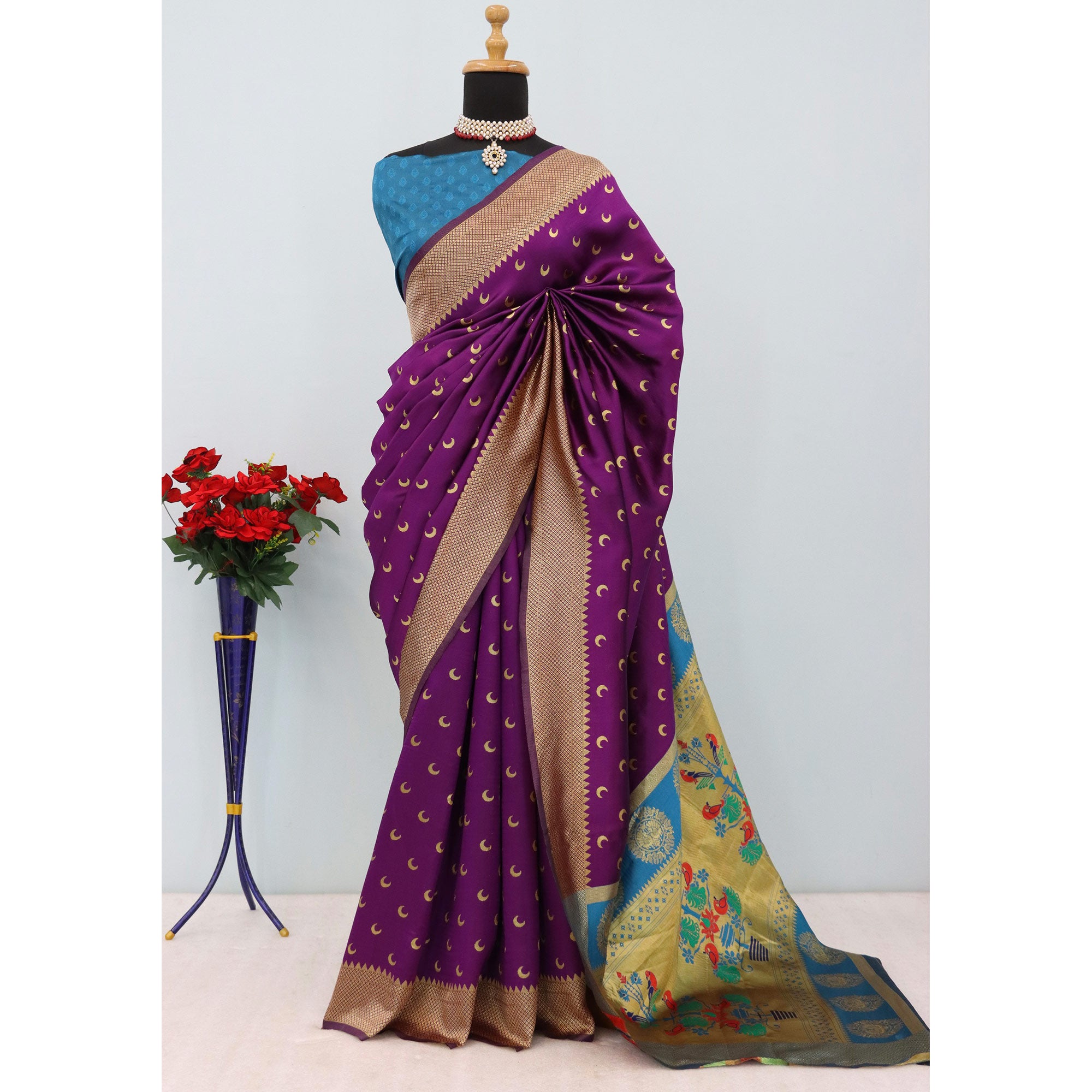 Purple Woven Pure Silk Chandrakor Paithani Saree