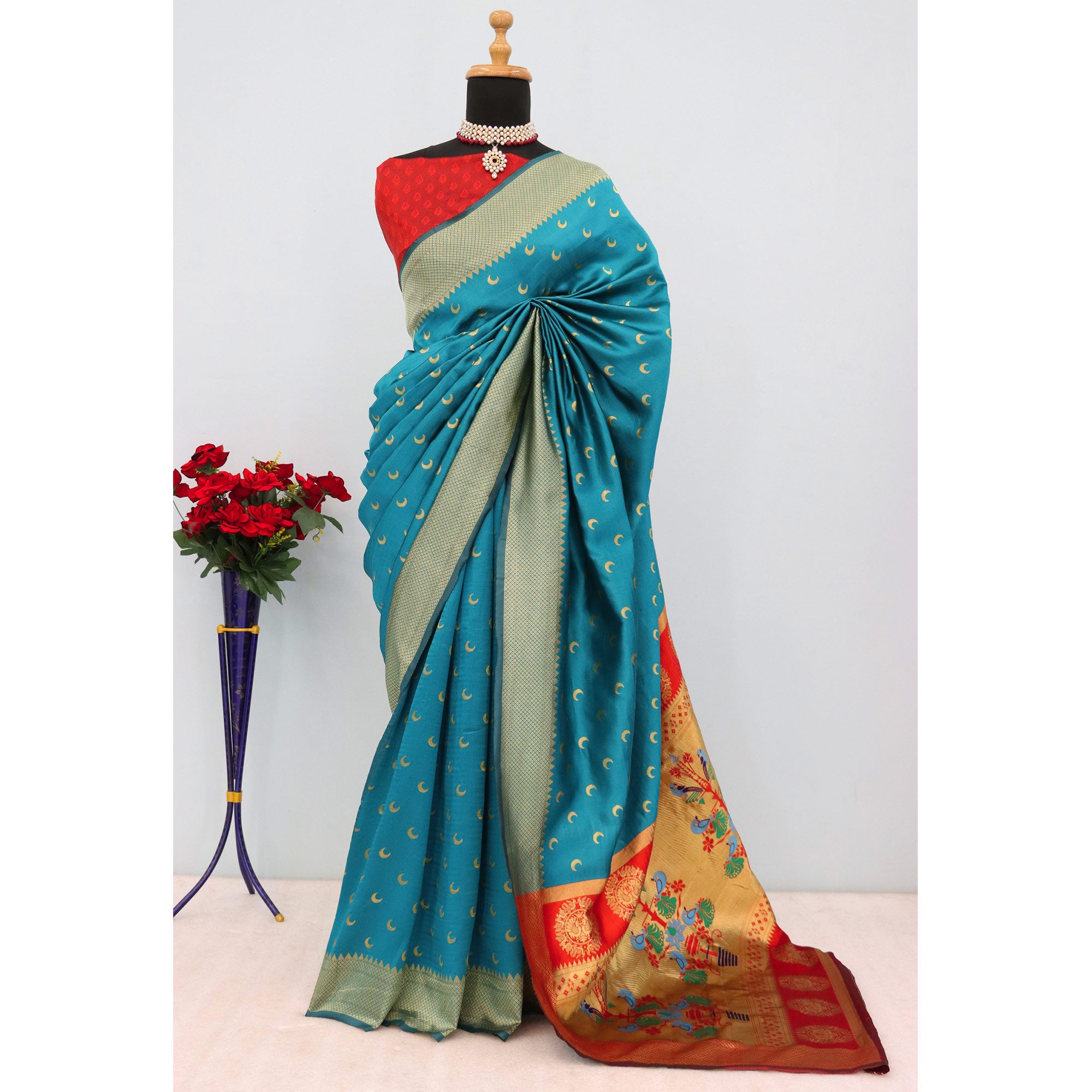 Rama Blue Woven Pure Silk Chandrakor Paithani Saree