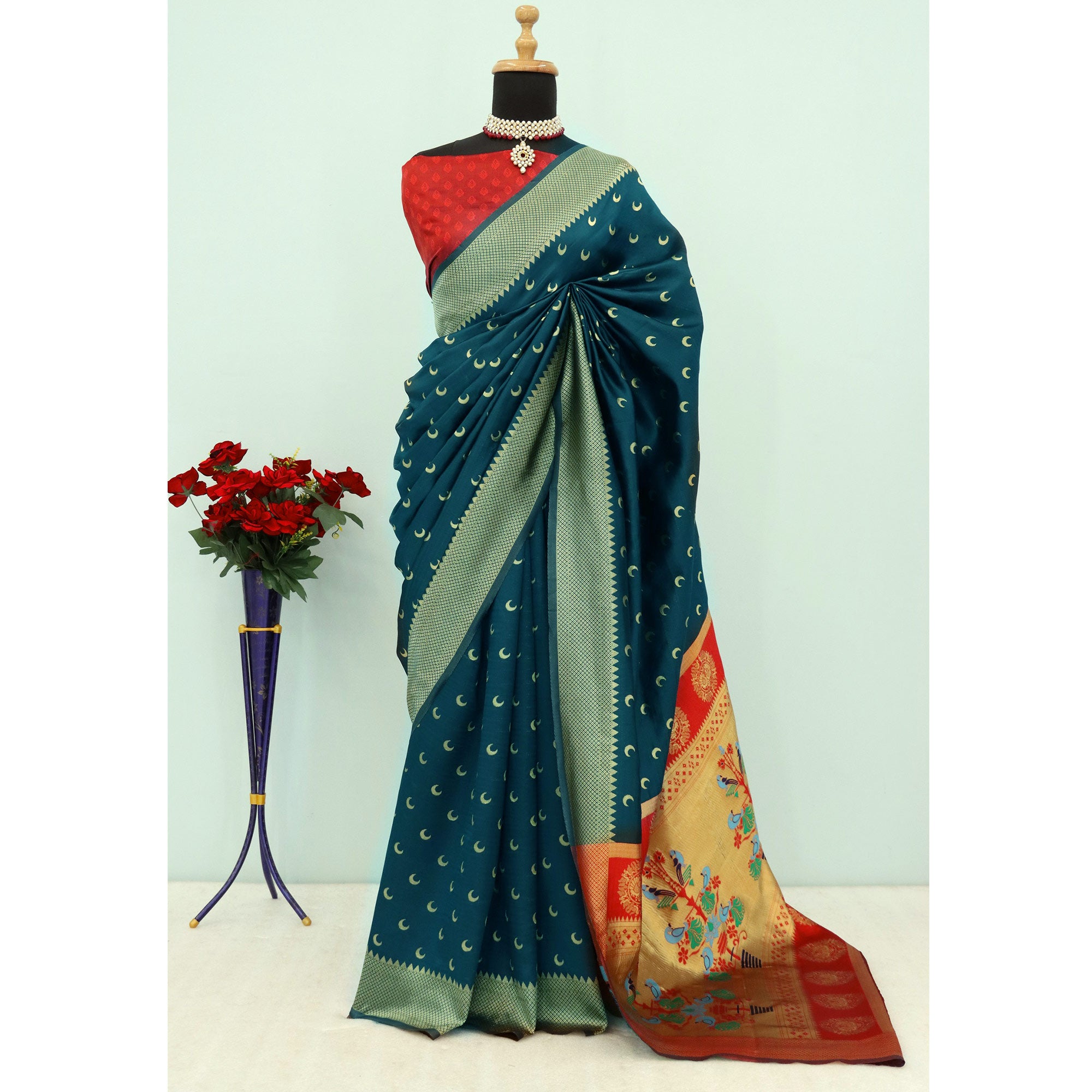 Dark Teal Blue Woven Pure Silk Chandrakor Paithani Saree