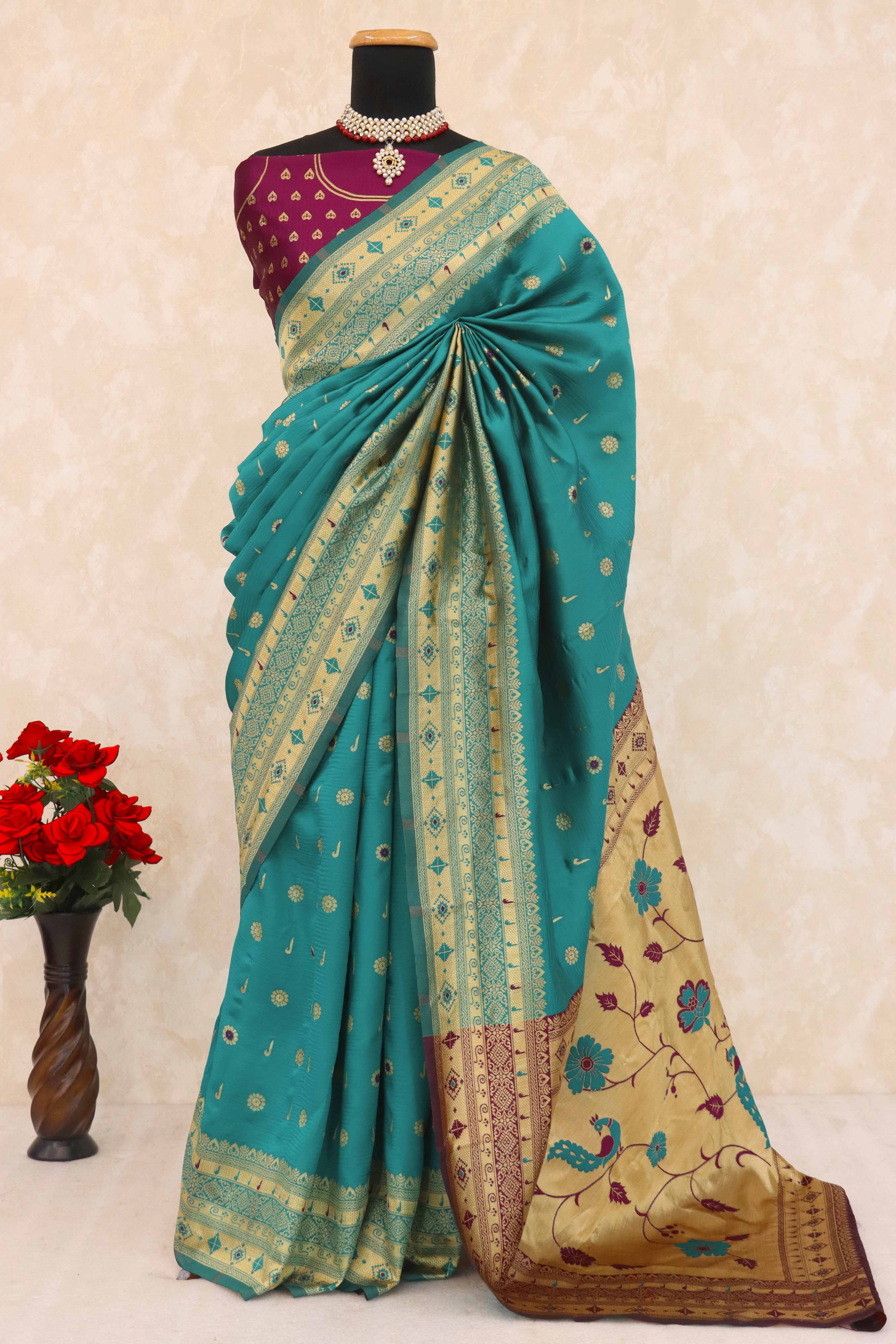 Rama Blue Pure Silk Paithani Saree With Intricate Floral Zari Weaving