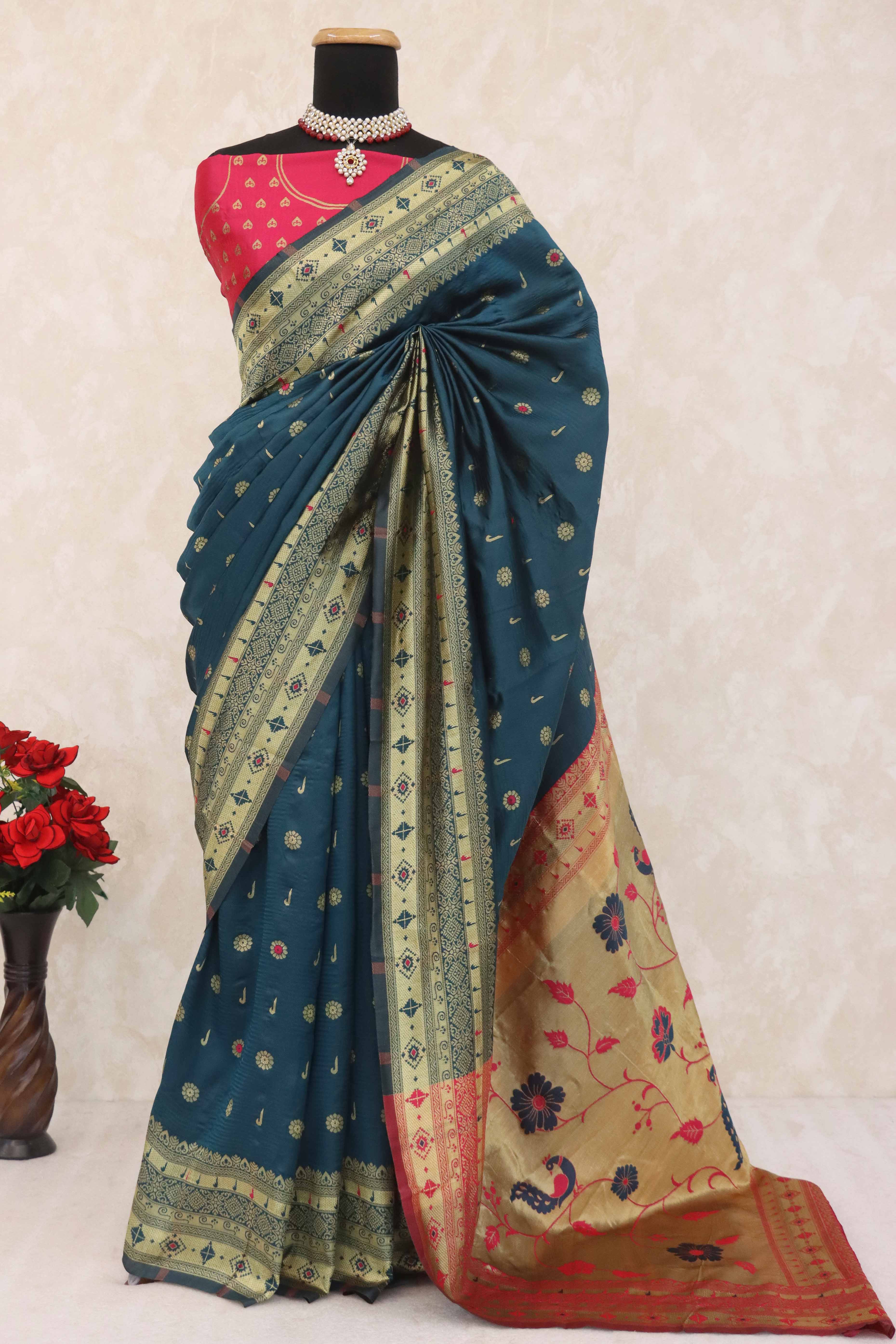 Dark Teal Blue Pure Silk Paithani Saree With Intricate Floral Zari Weaving