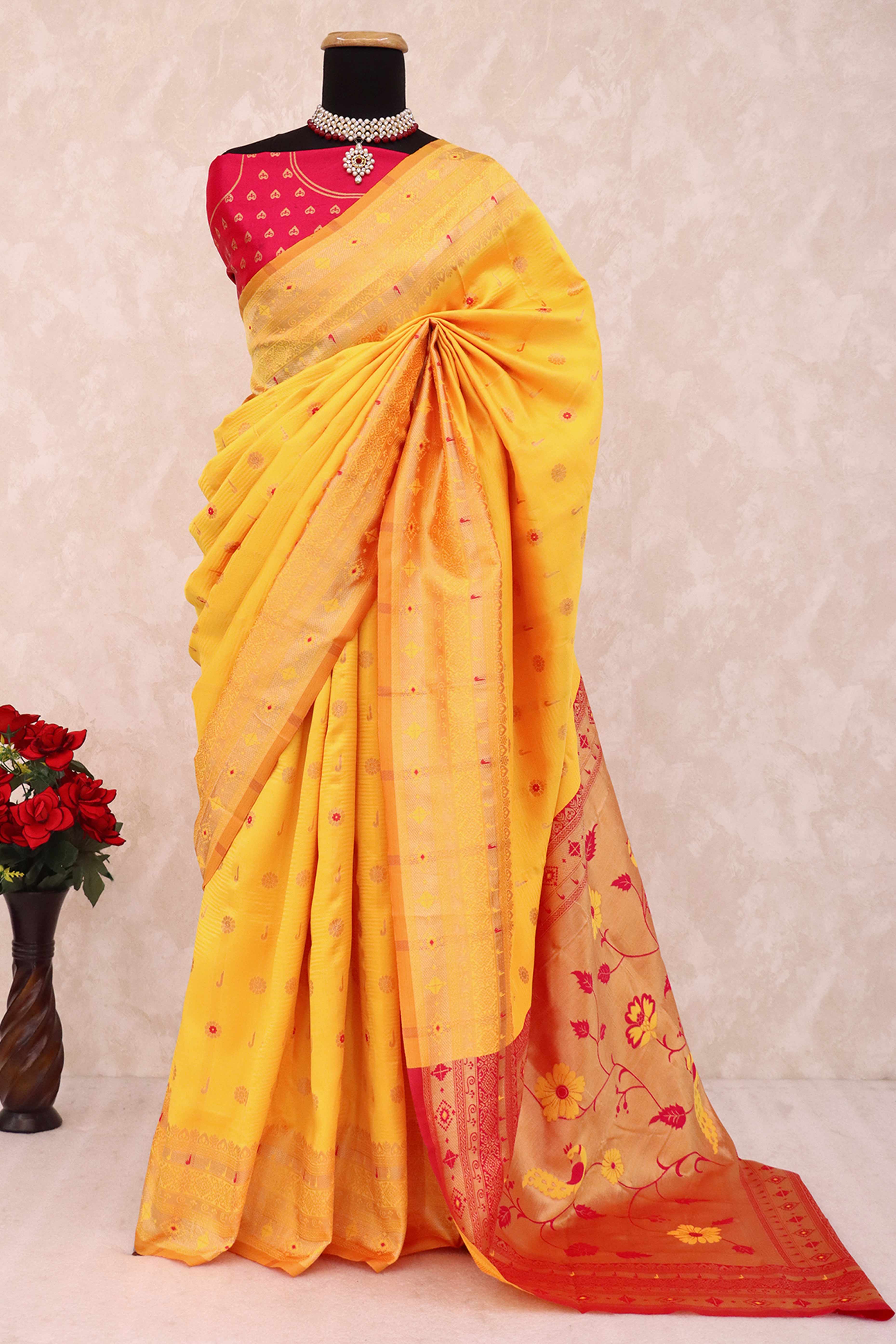 Yellow Pure Silk Paithani Saree With Intricate Floral Zari Weaving
