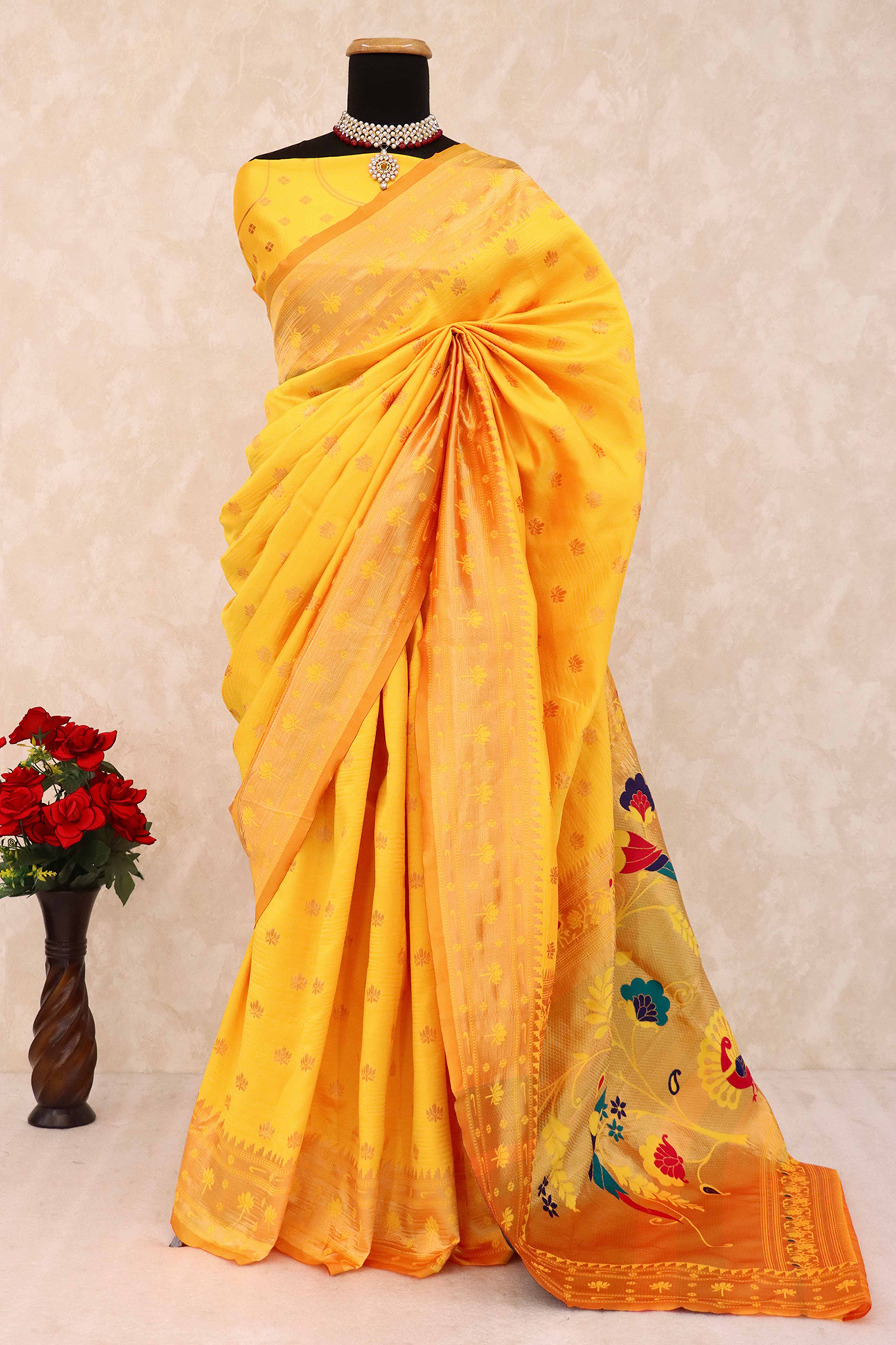 Yellow Pure Silk Paithani Saree With Elegant Floral Zari Weaving
