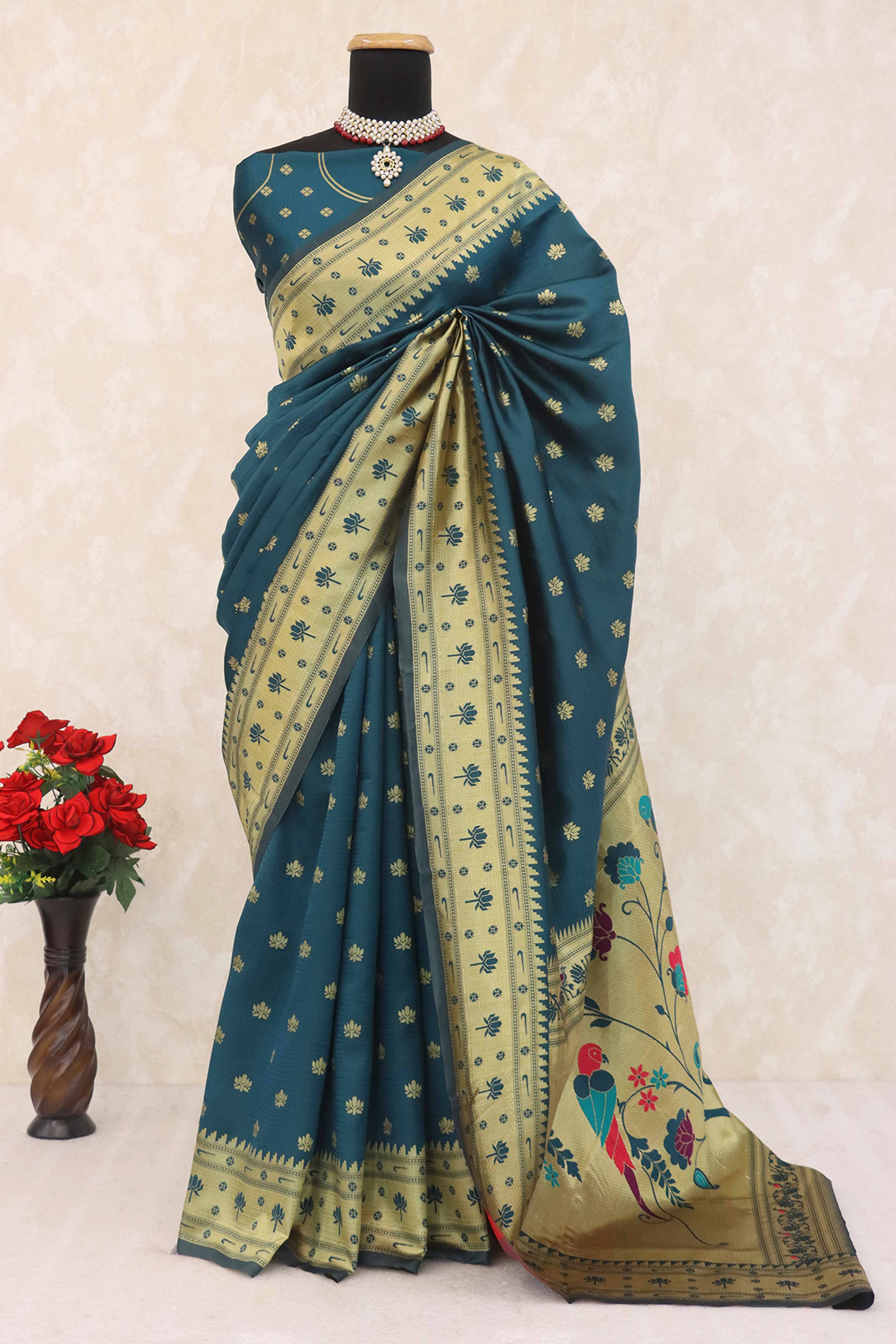 Dark Teal Blue Pure Silk Paithani Saree With Elegant Floral Zari Weaving