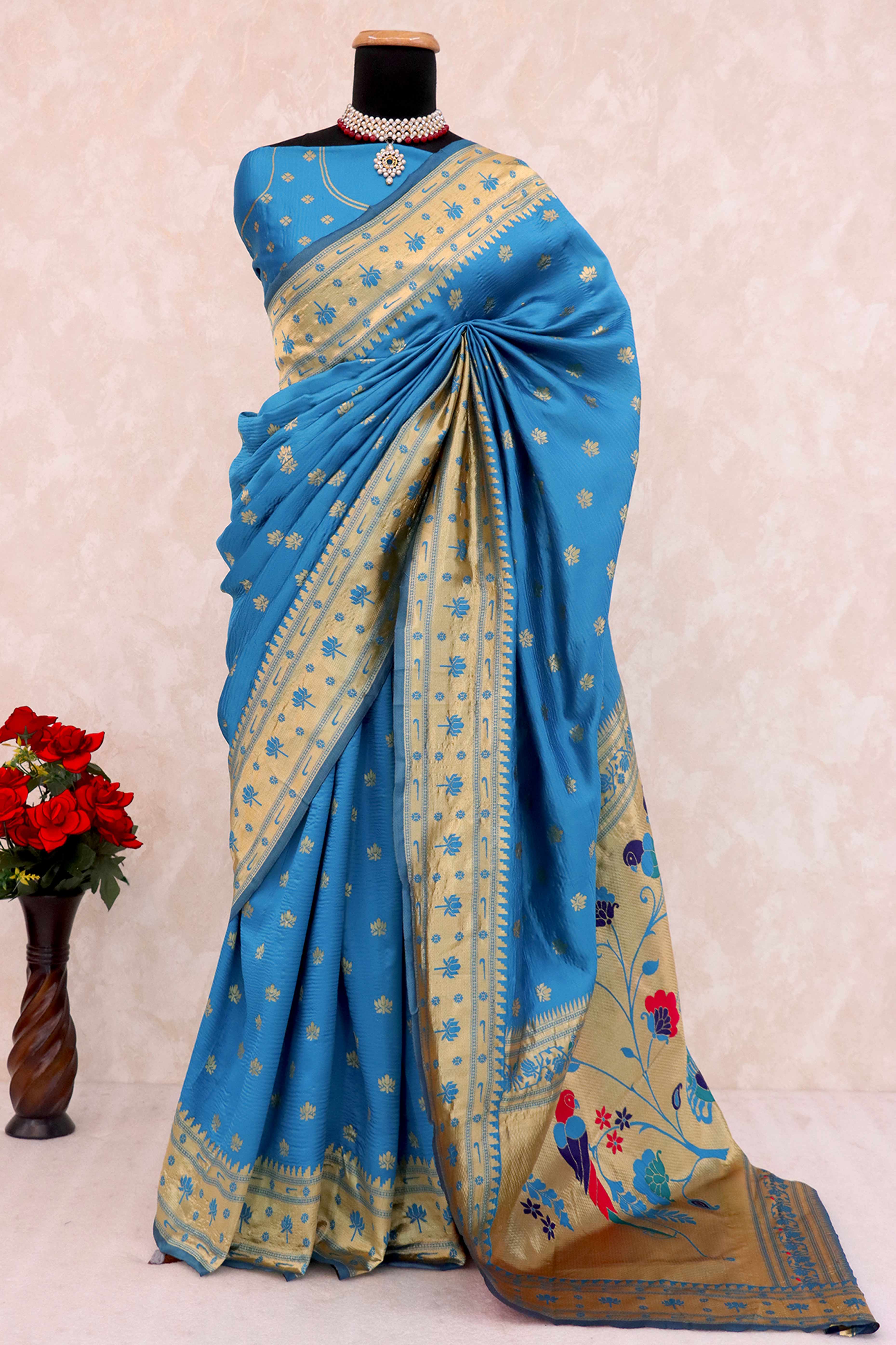 Blue Pure Silk Paithani Saree With Elegant Floral Zari Weaving
