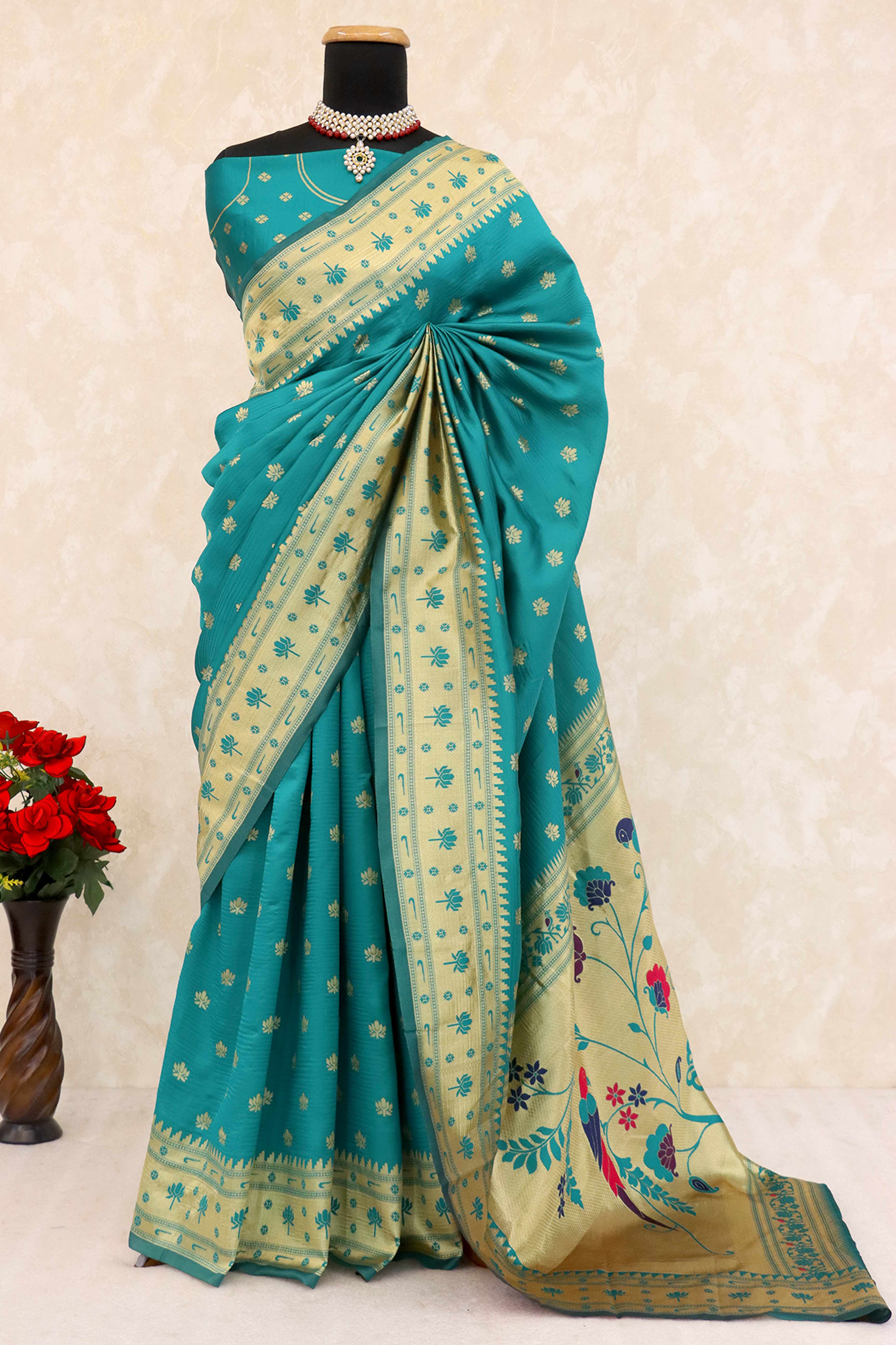 Rama Blue Pure Silk Paithani Saree With Elegant Floral Zari Weaving