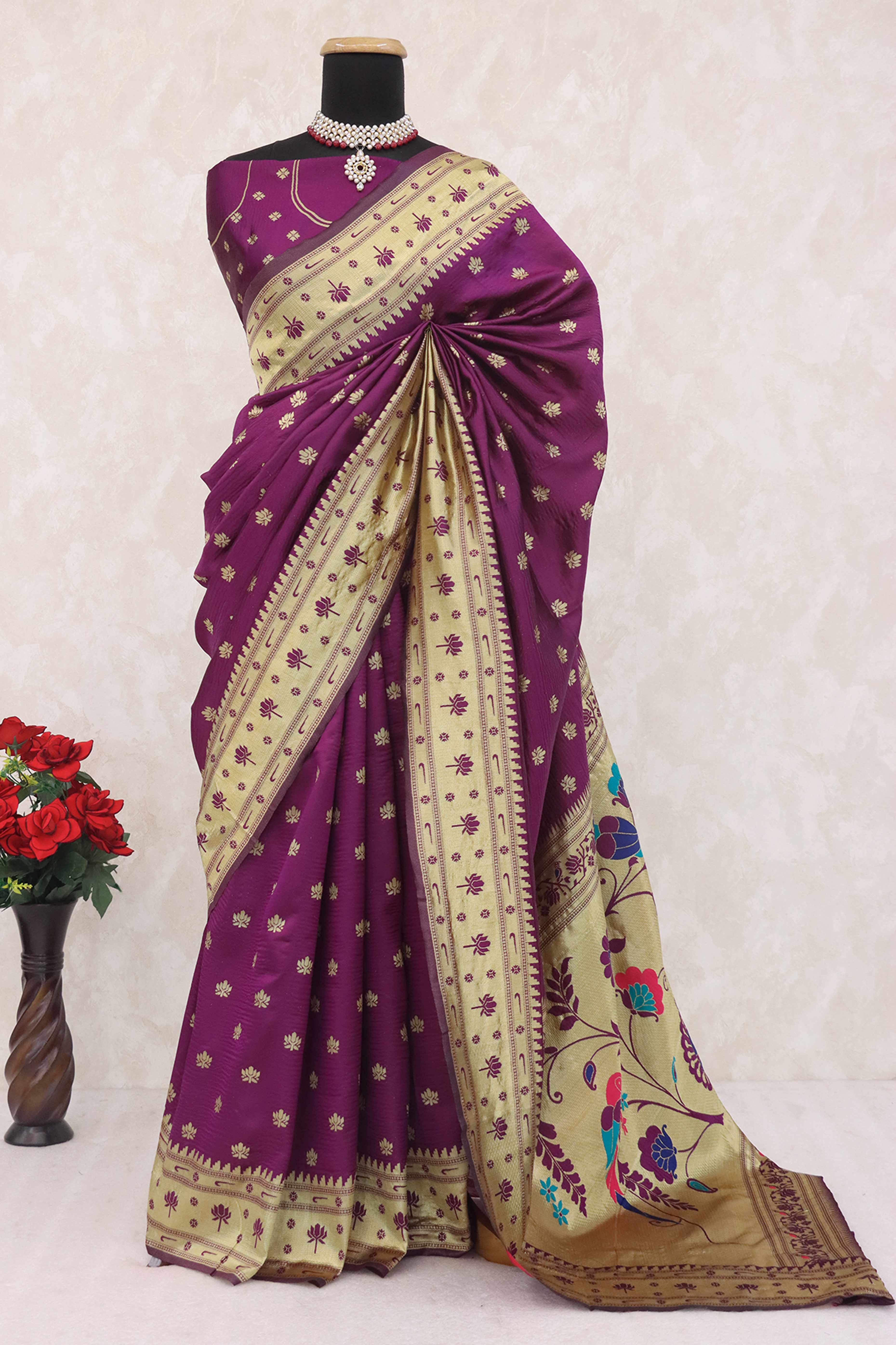 Purple Pure Silk Paithani Saree With Elegant Floral Zari Weaving