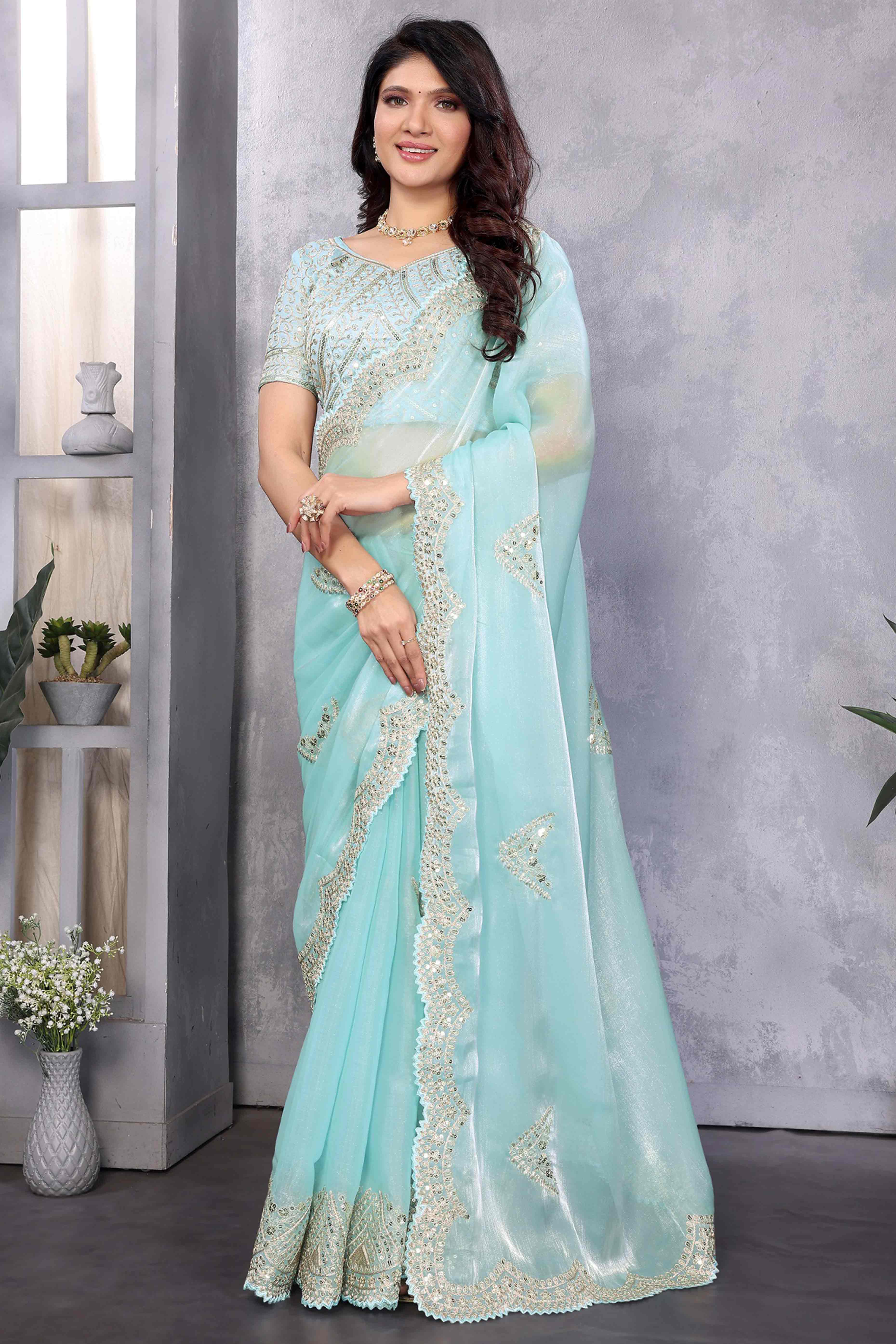 Sky Blue Floral Sequins Embroidered Shimmer Chiffon Saree