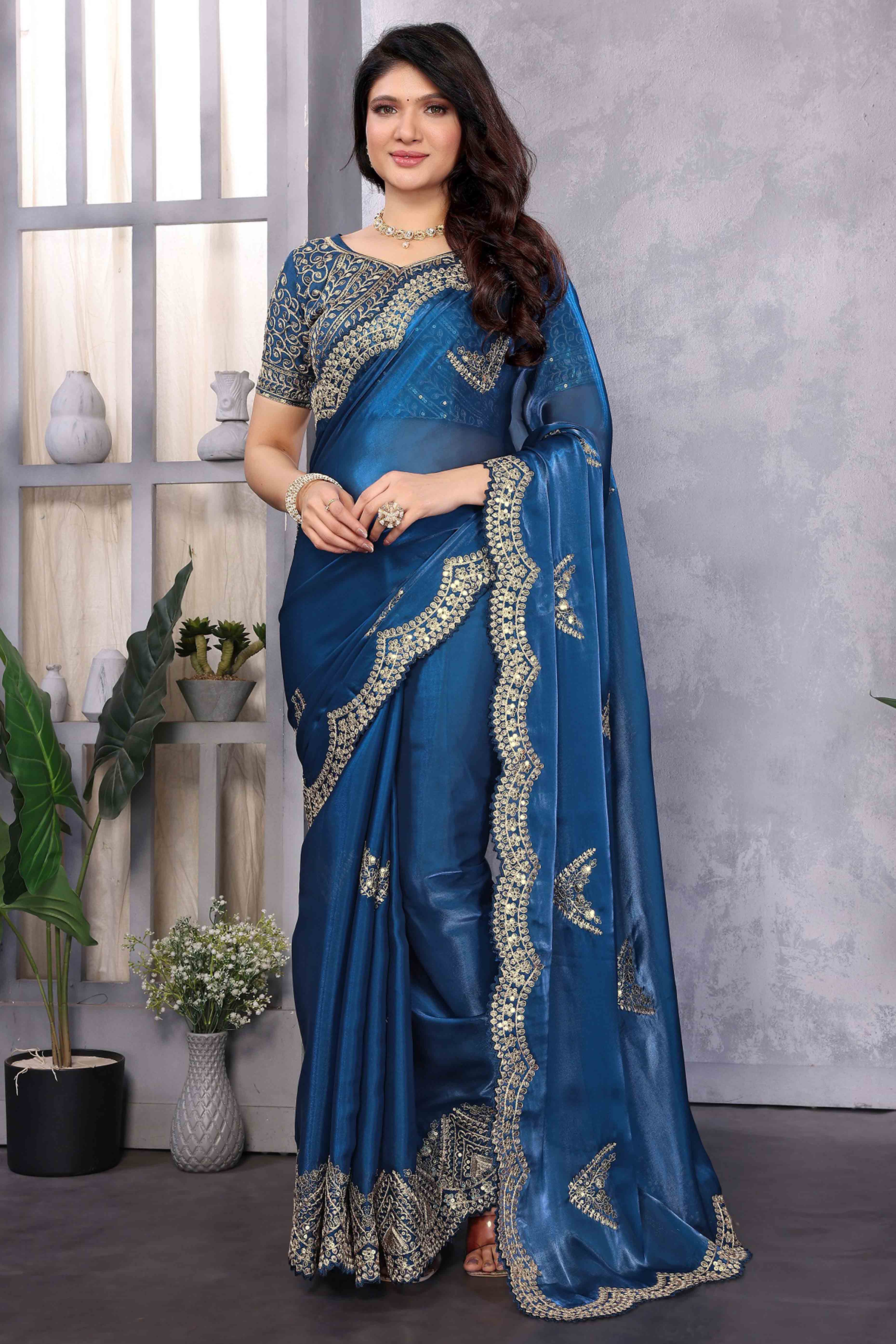 Blue Floral Sequins Embroidered Shimmer Chiffon Saree