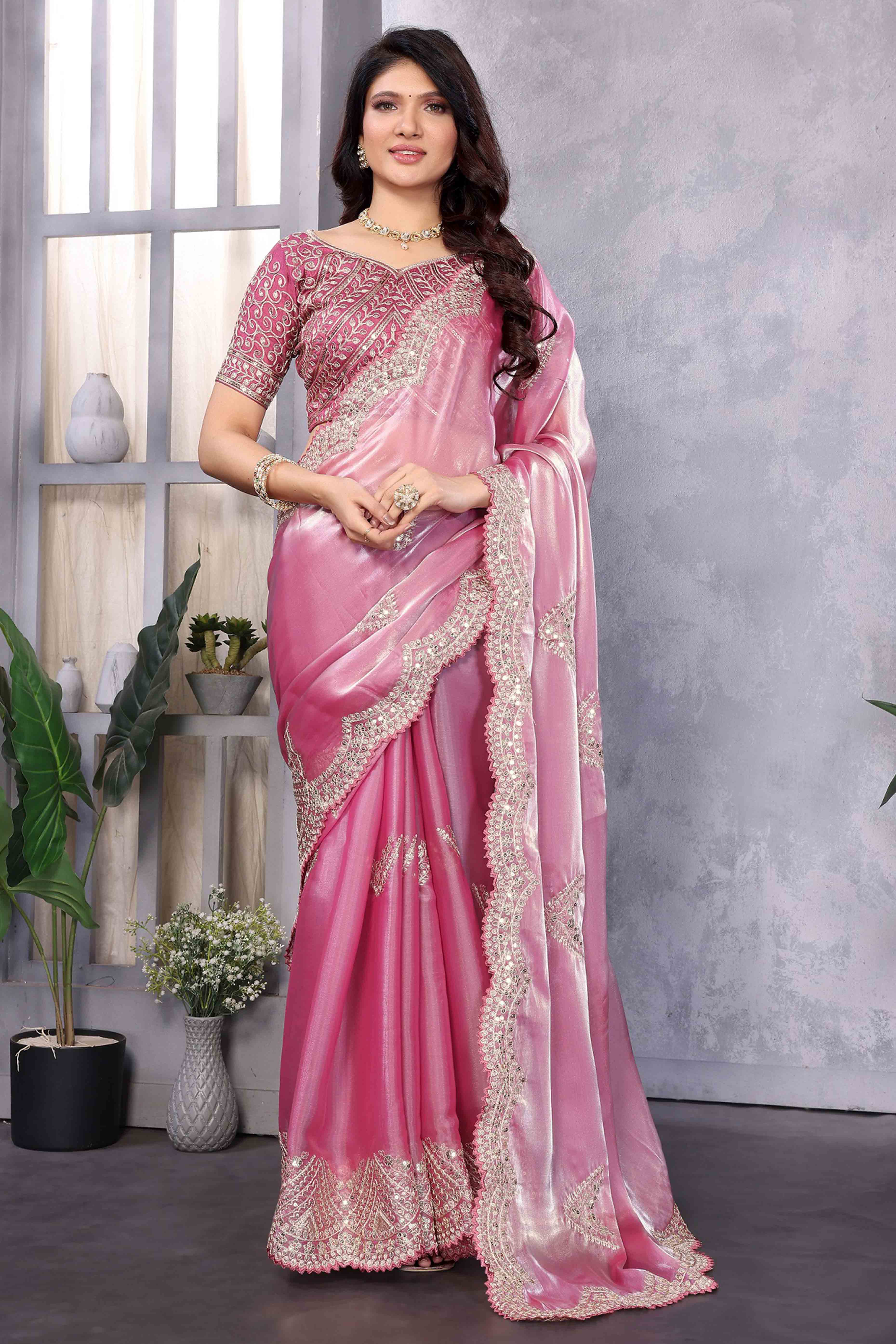 Baby Pink Floral Sequins Embroidered Shimmer Chiffon Saree