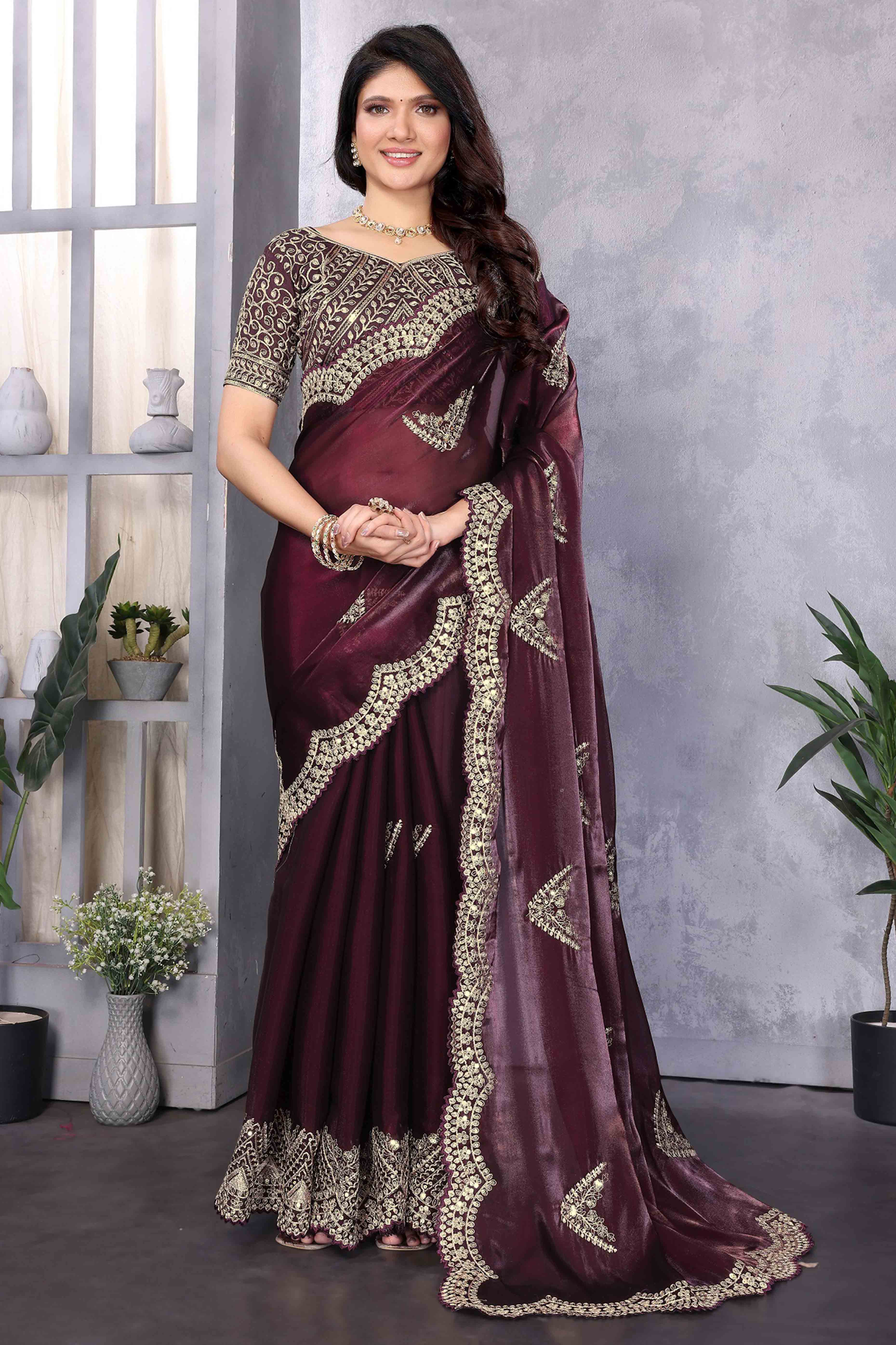 Dark Wine Floral Sequins Embroidered Shimmer Chiffon Saree