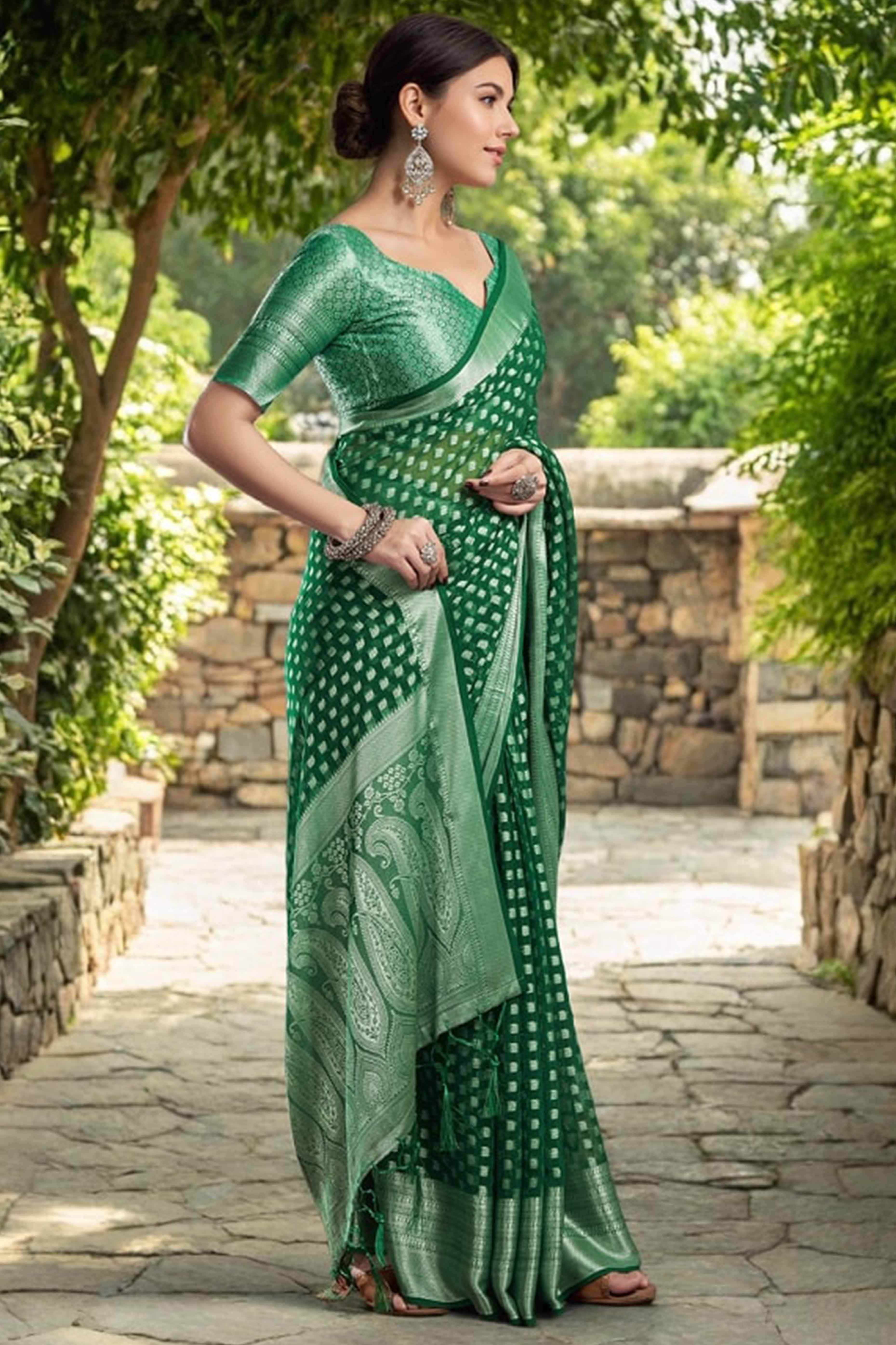 Green Weaving Jacquard Georgette Saree Featuring Ornamental Pallu Design
