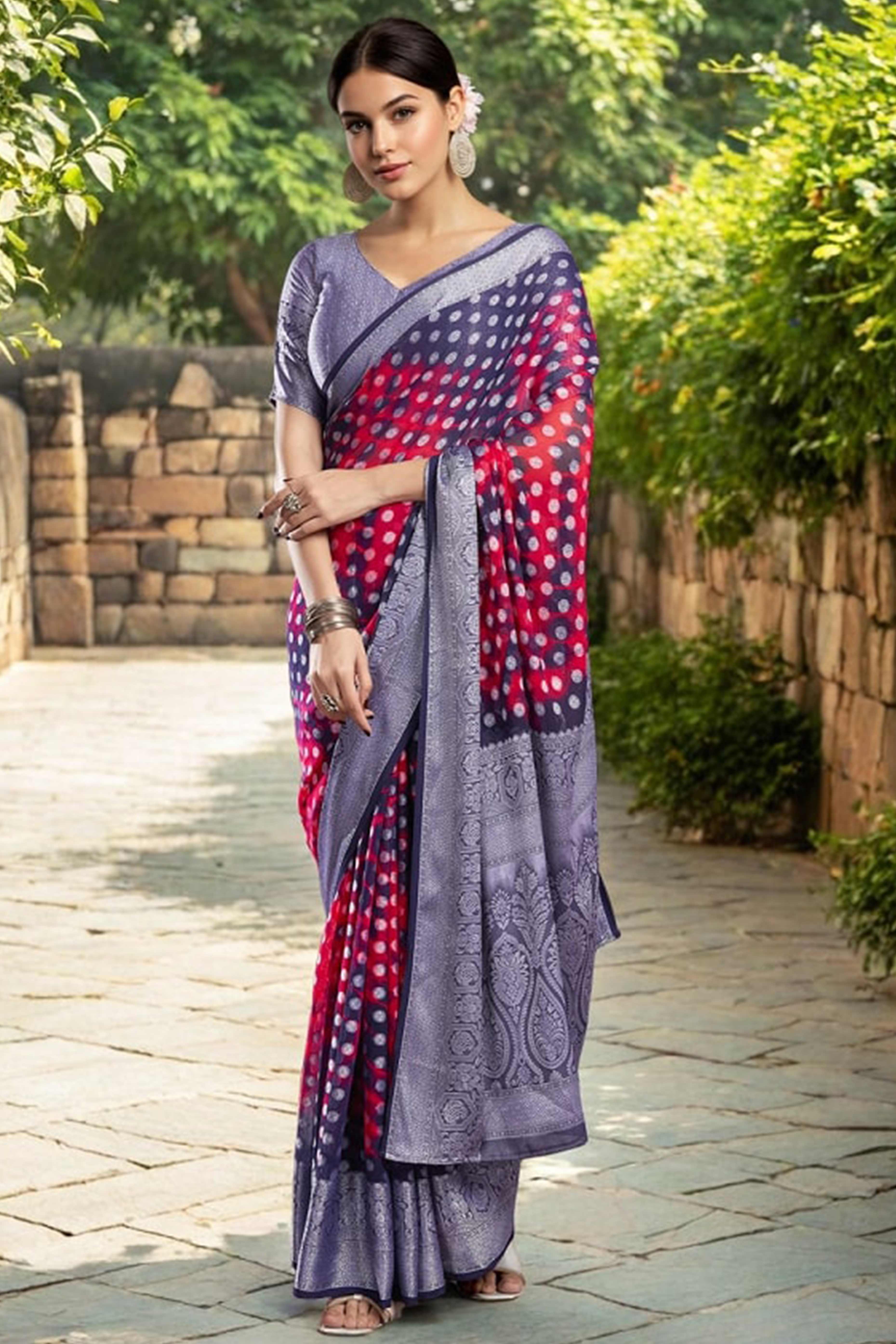 Blue & Pink Weaving Jacquard Georgette Saree Featuring Ornamental Pallu Design