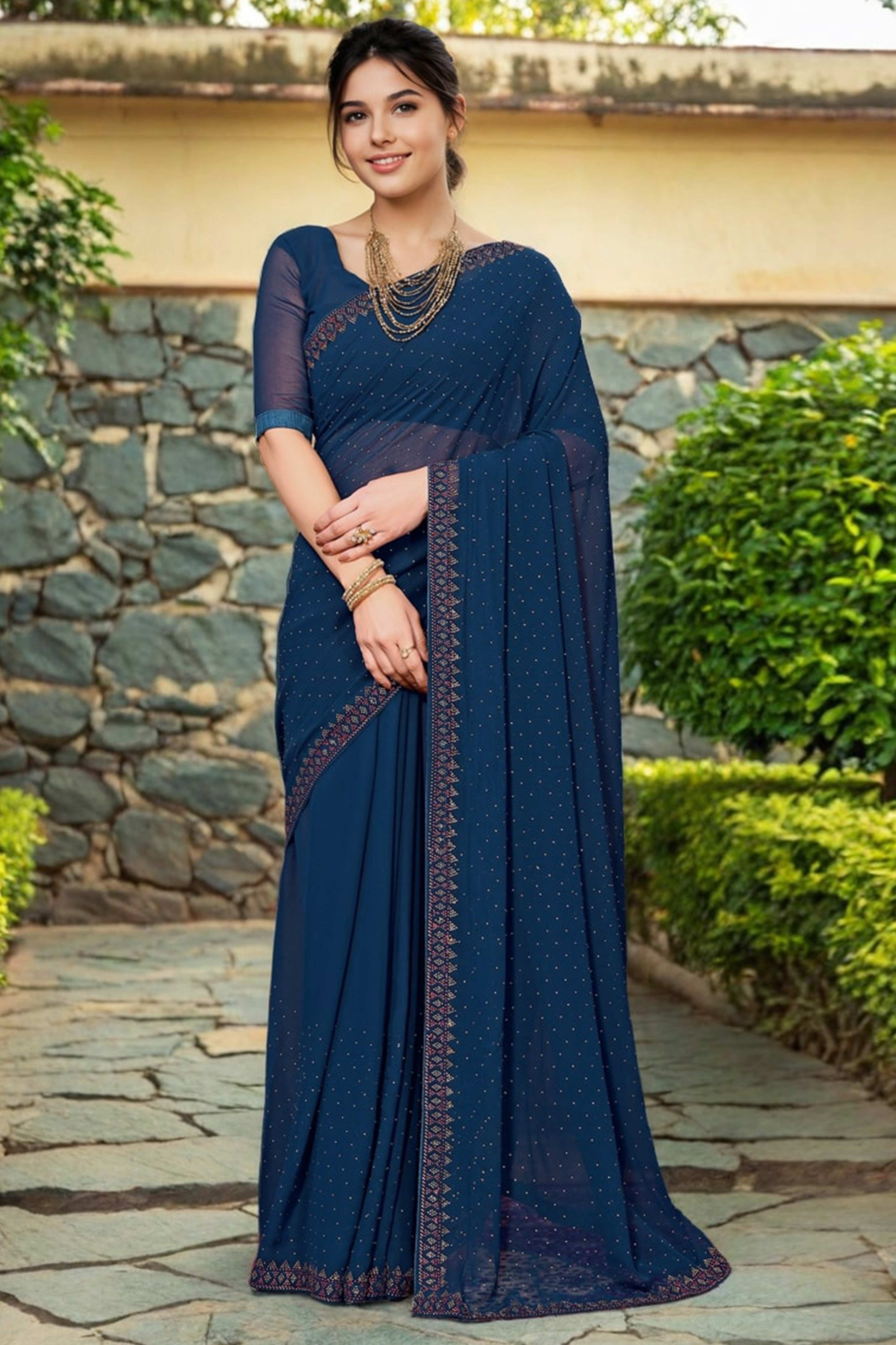 Navy Blue Rangoli Dola Silk Saree Embellished With Diamond Work And Elegant Border
