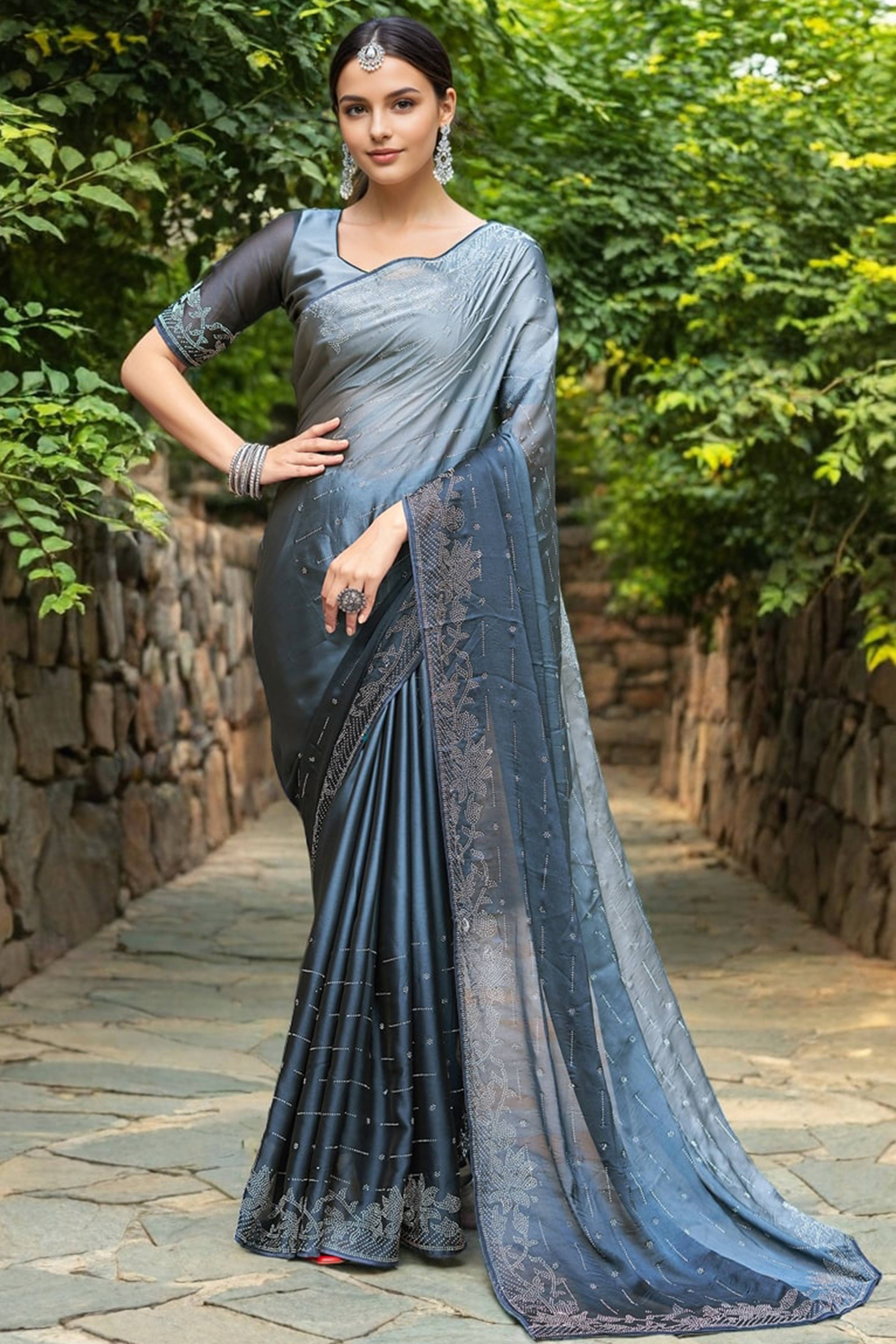 Grey Rangoli Dola Silk Saree Adorned With Gleaming Swarovski Work & Classic Floral Border