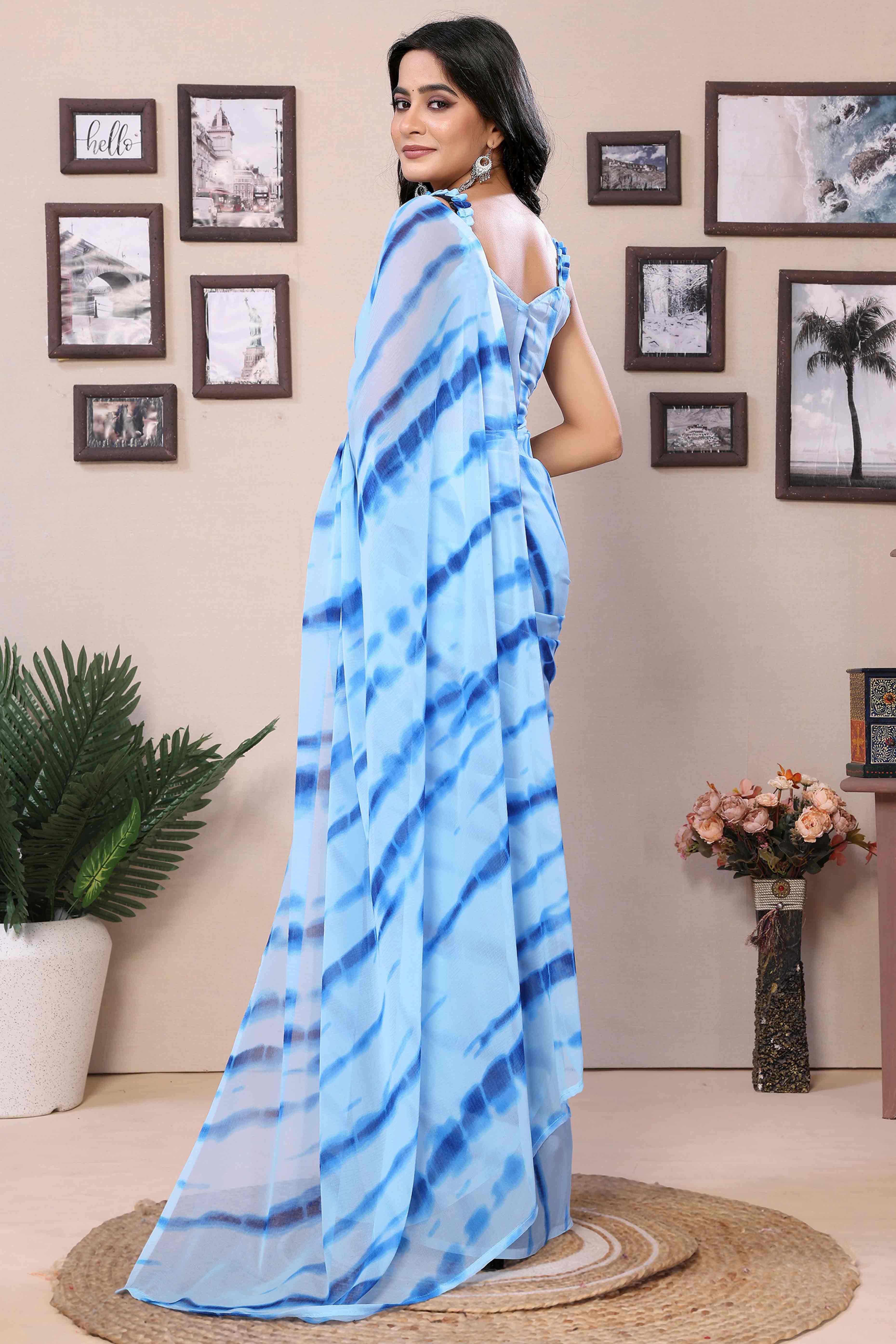 Sky Blue Shibori Printed Georgette Ready To Wear Saree