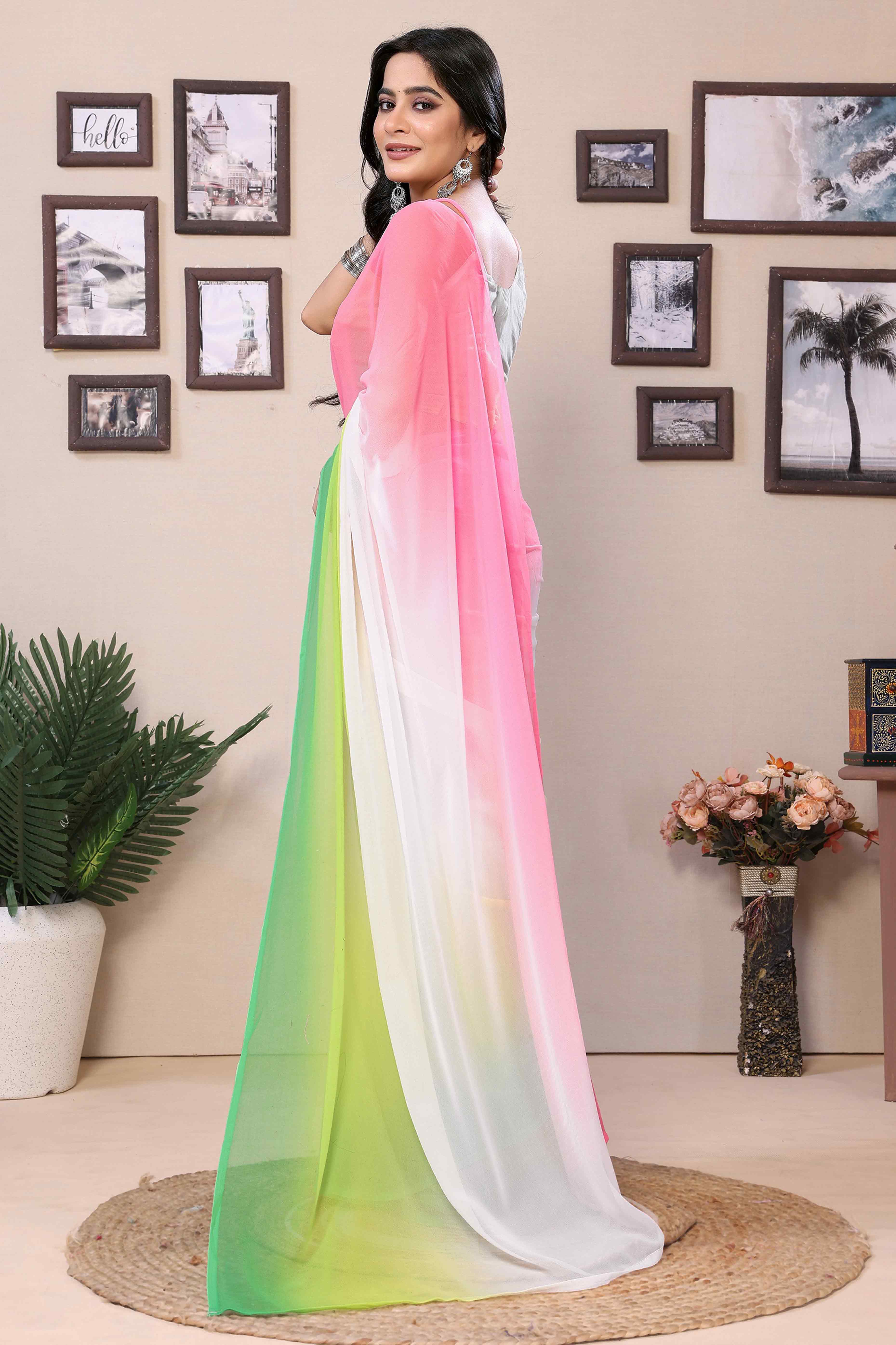 Multicolor Solid Printed Georgette Ready To Wear Ombre Saree