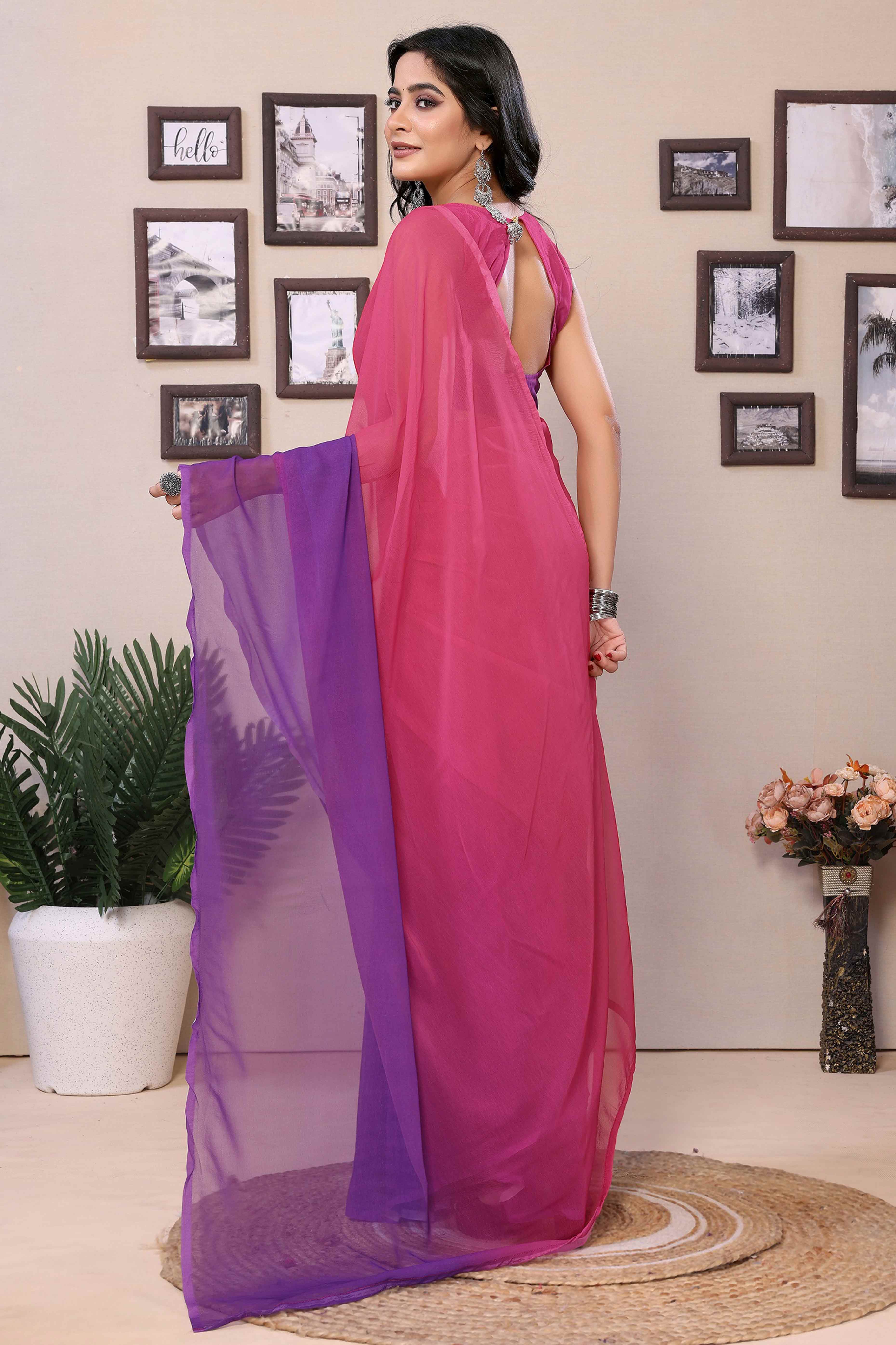 Pink & Purple Solid Printed Georgette Ready To Wear Ombre Saree