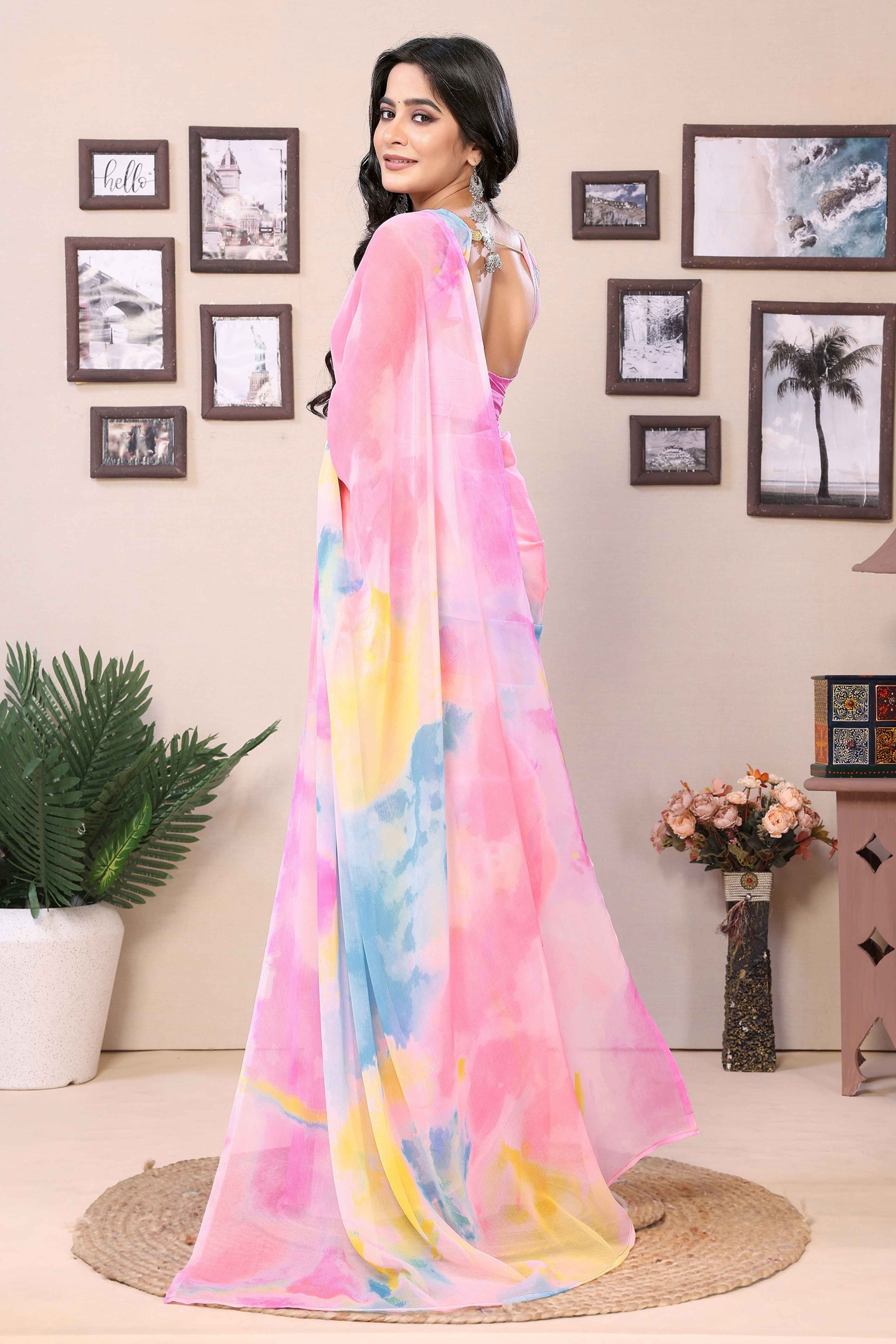 Pink Printed Georgette Ready To Wear Ombre Saree