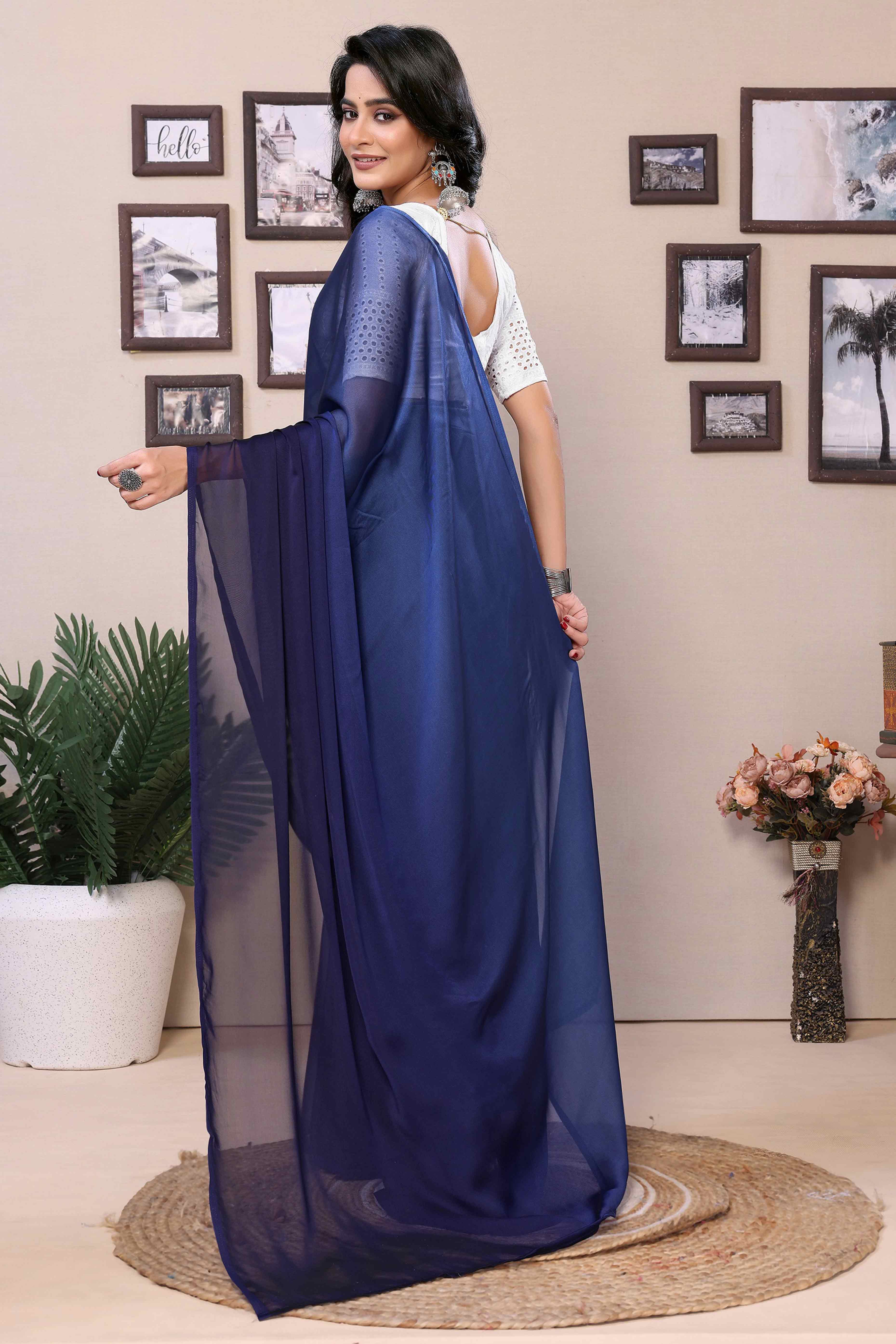 Blue Solid Satin Ready To Wear Ombre Saree