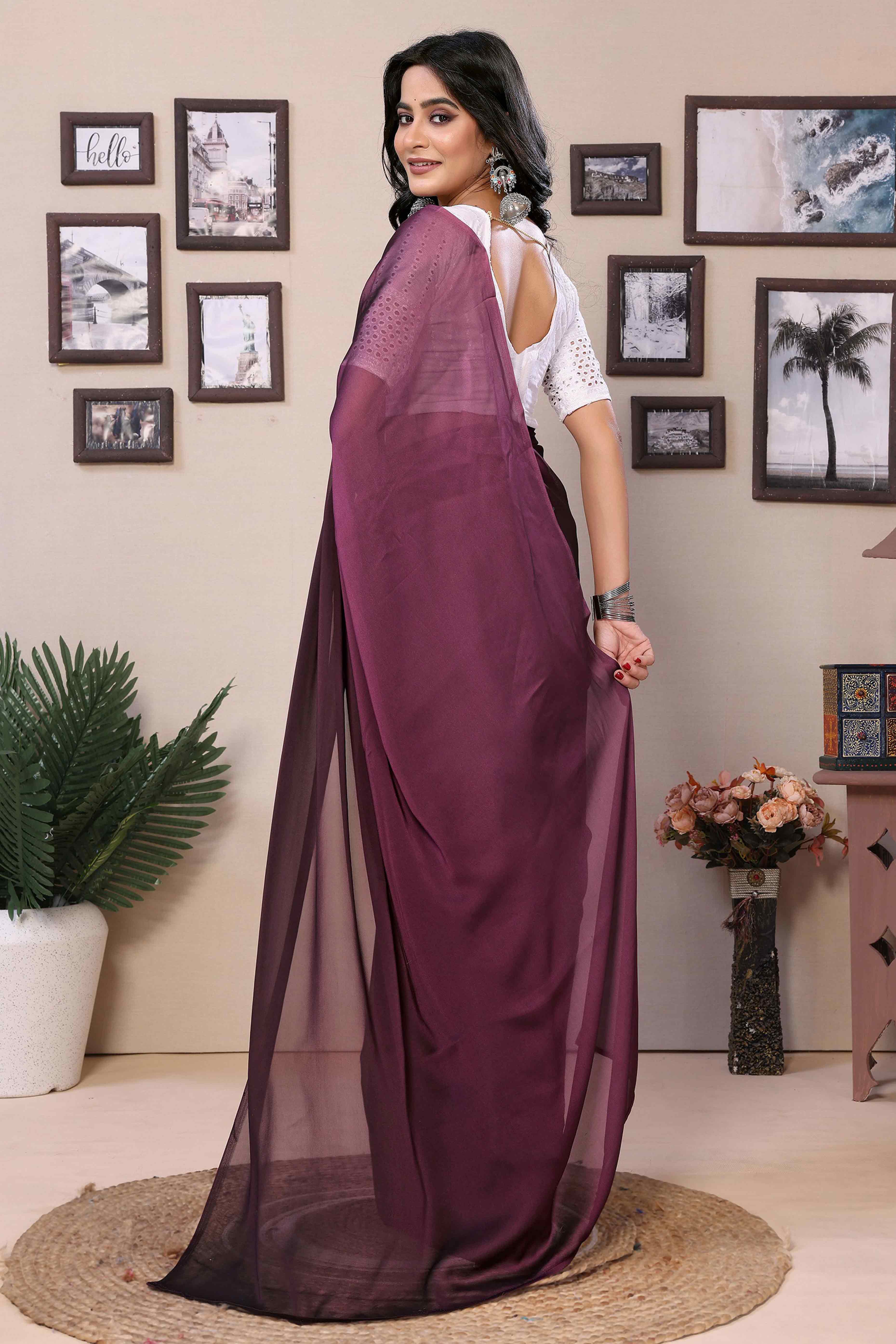 Wine Solid Satin Ready To Wear Ombre Saree