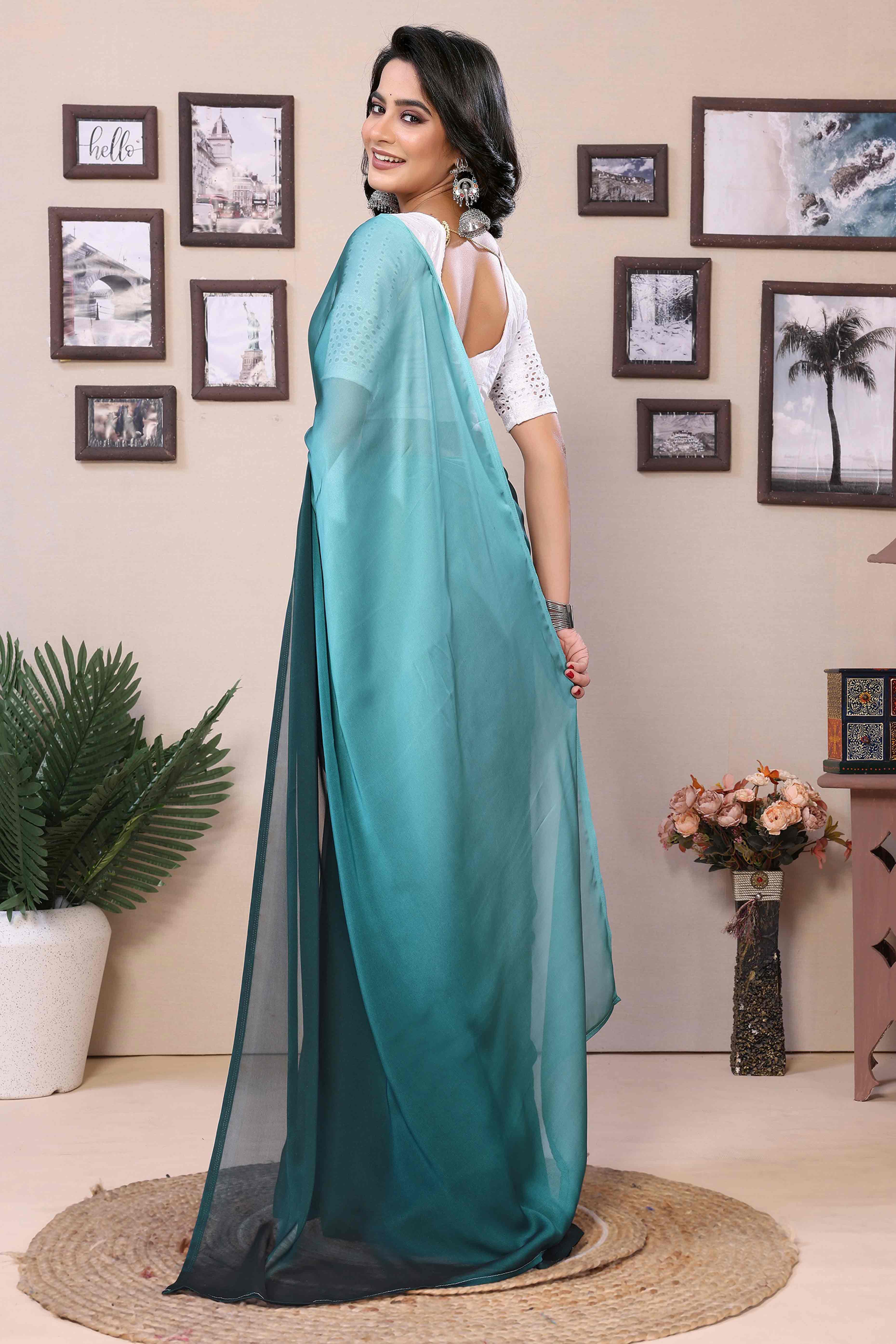 Morpich Green Solid Satin Ready To Wear Ombre Saree