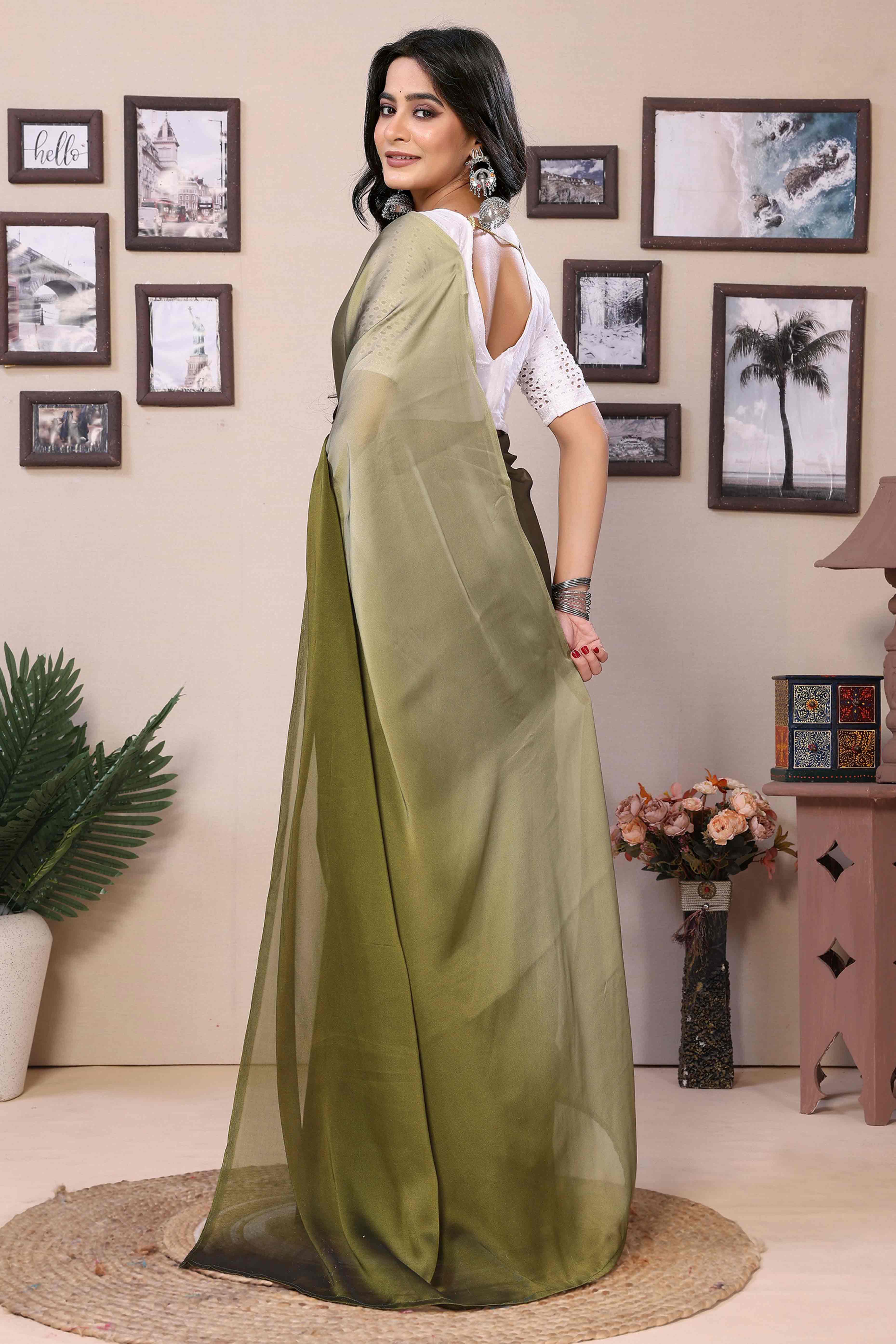 Mehendi Green Solid Satin Ready To Wear Ombre Saree