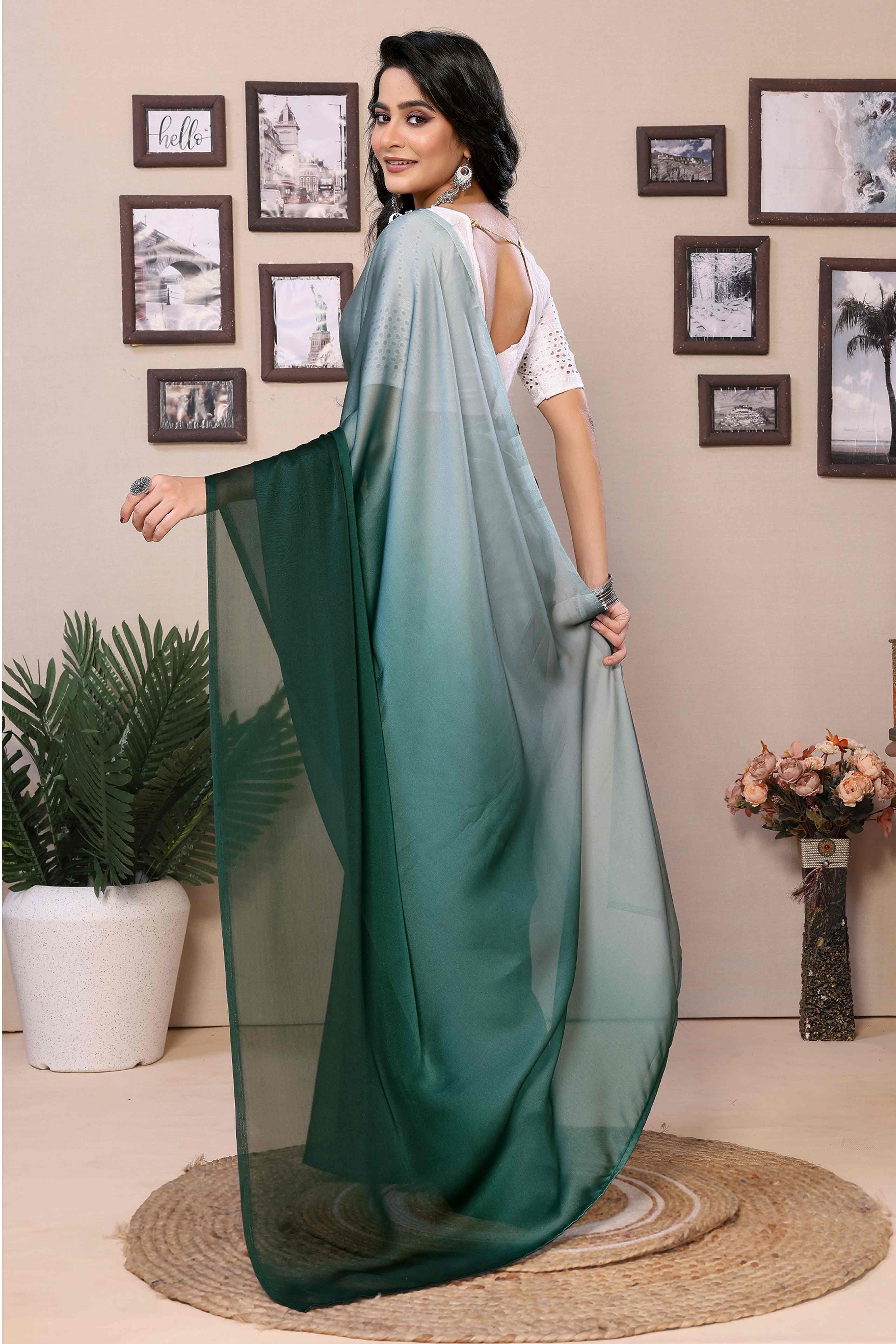 Green Solid Satin Ready To Wear Ombre Saree