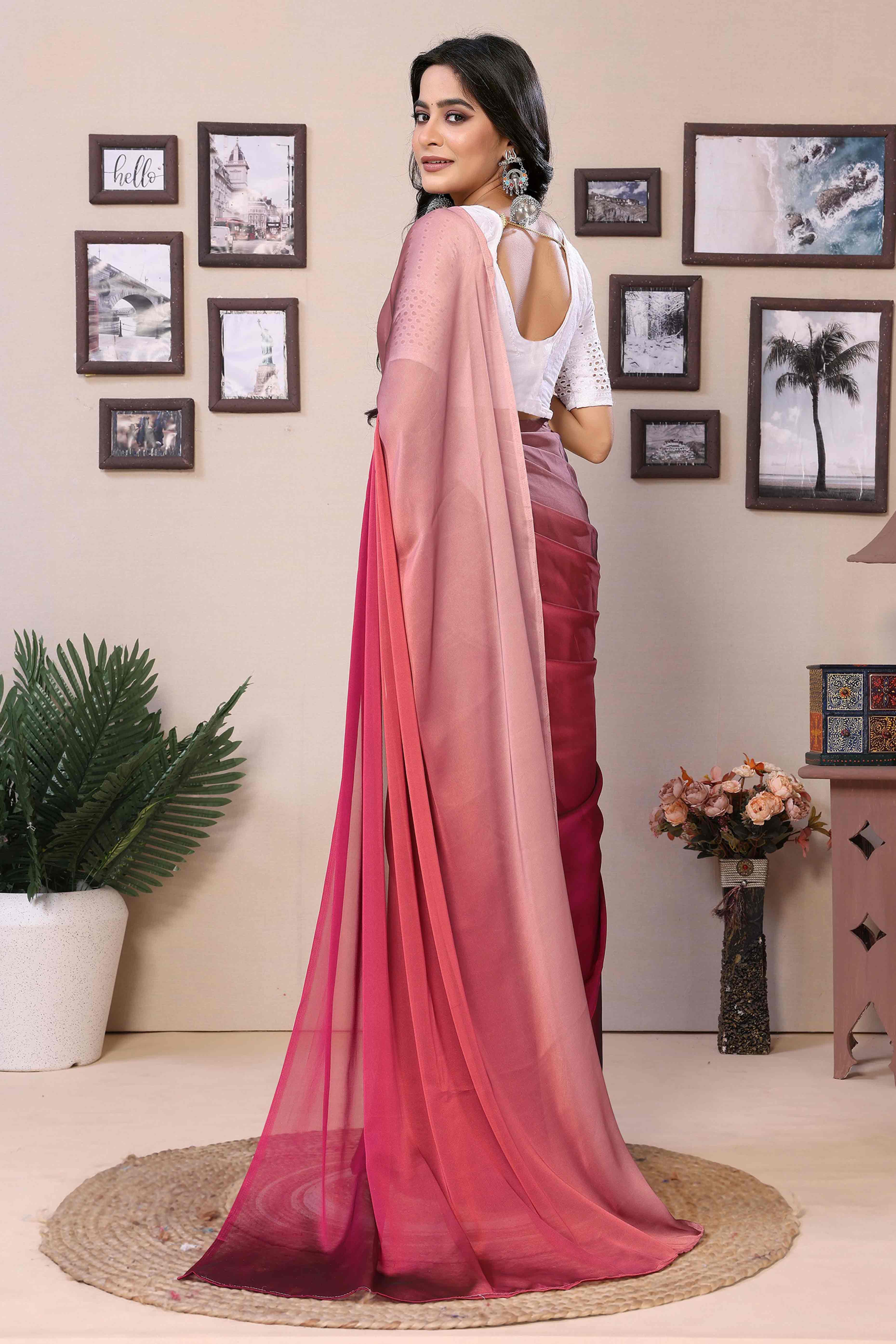 Magenta Solid Satin Ready To Wear Ombre Saree