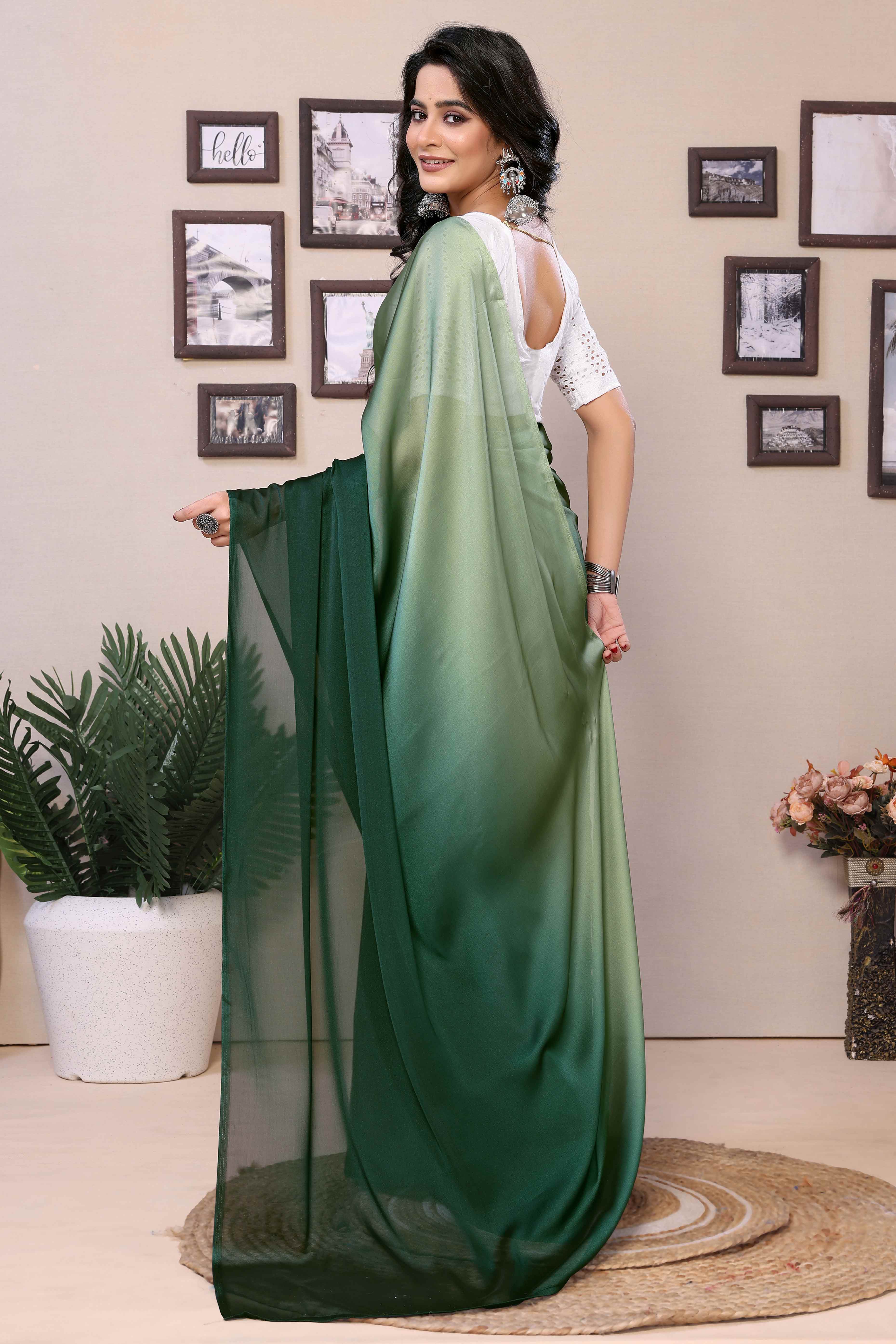 Green Solid Satin Ready To Wear Ombre Saree